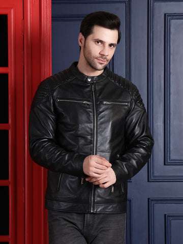 Men’s Black Biker Leather Jacket with Quilted Shoulder Design
