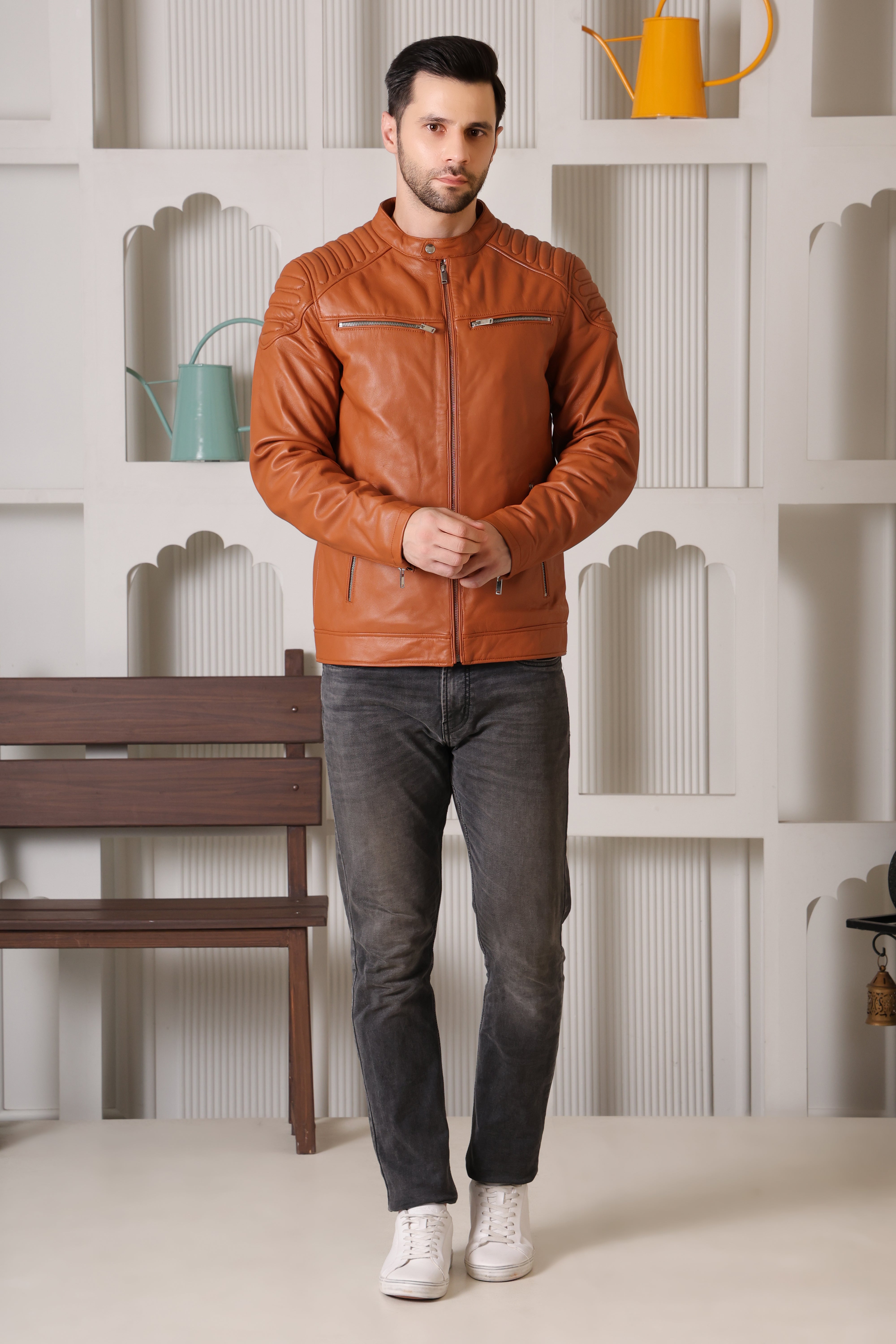 Cool Equal Men’s Pure Leather Winter Jacket – Premium Tan Biker Style