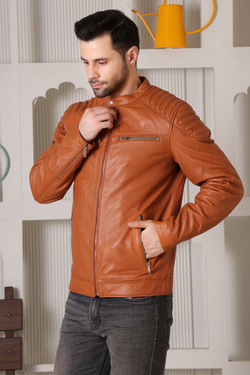 Cool Equal Men’s Pure Leather Winter Jacket – Premium Tan Biker Style