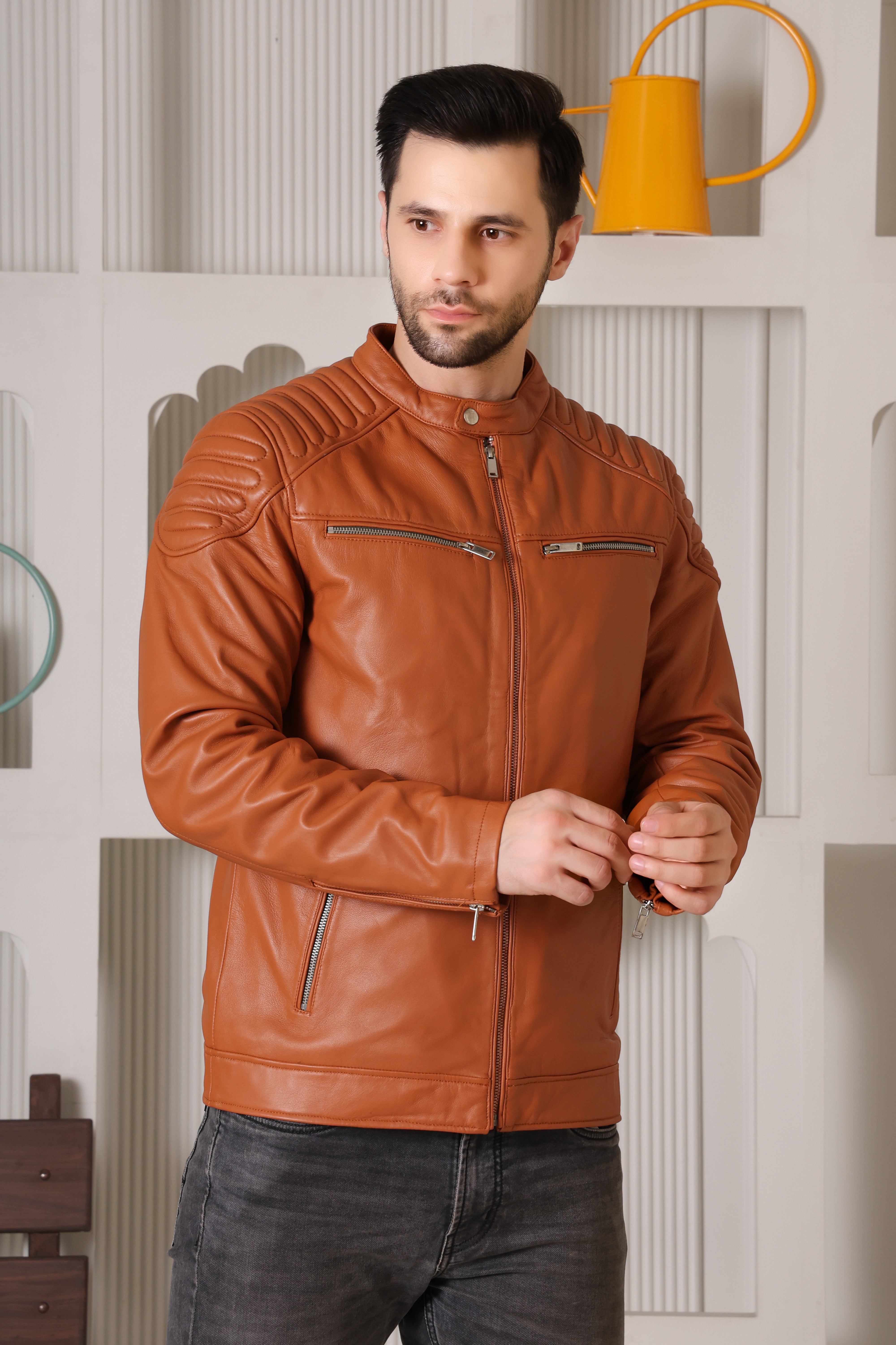 Cool Equal Men’s Pure Leather Winter Jacket – Premium Tan Biker Style