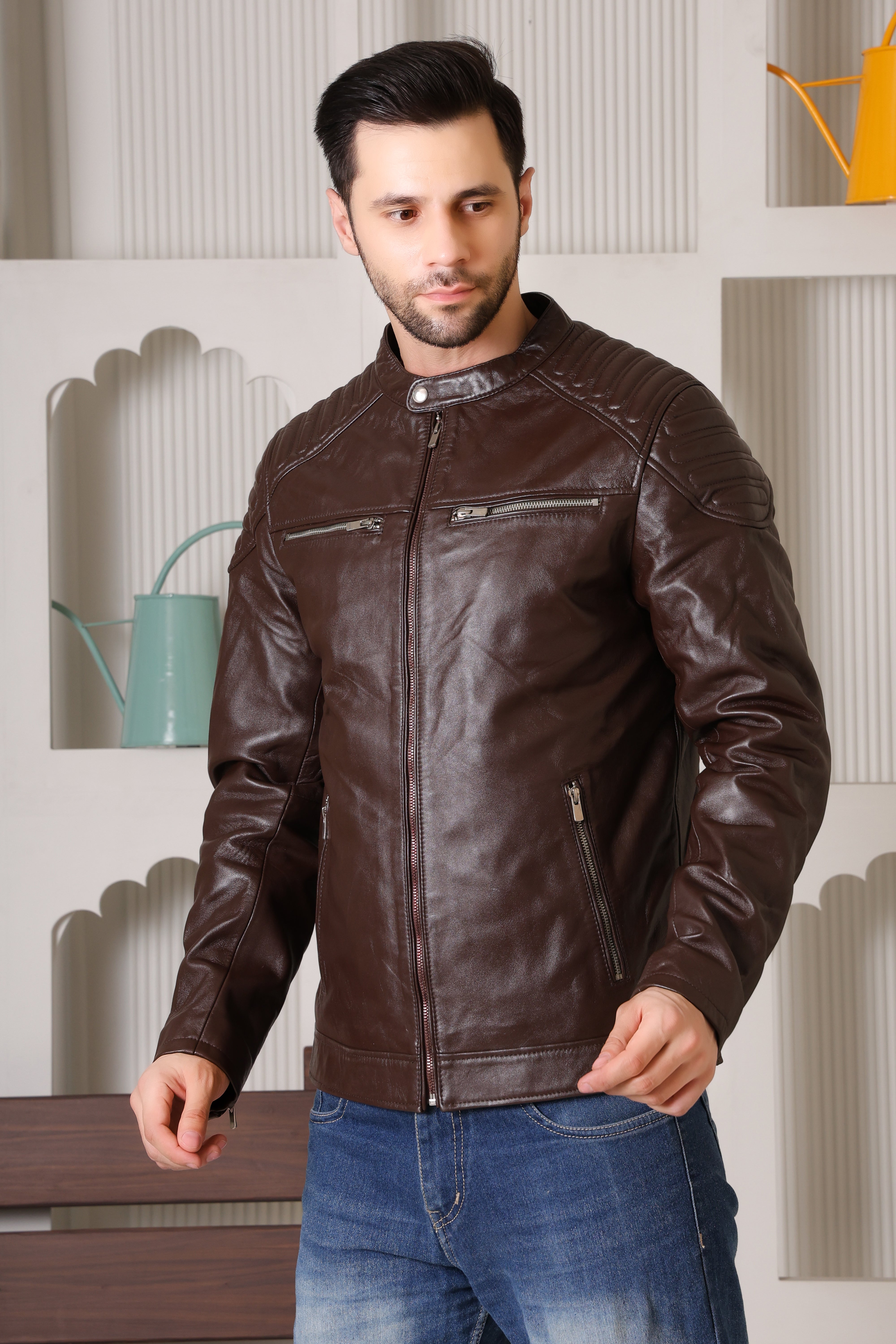 Cool Equal Men's Pure Leather Winter Jacket – Classic Brown