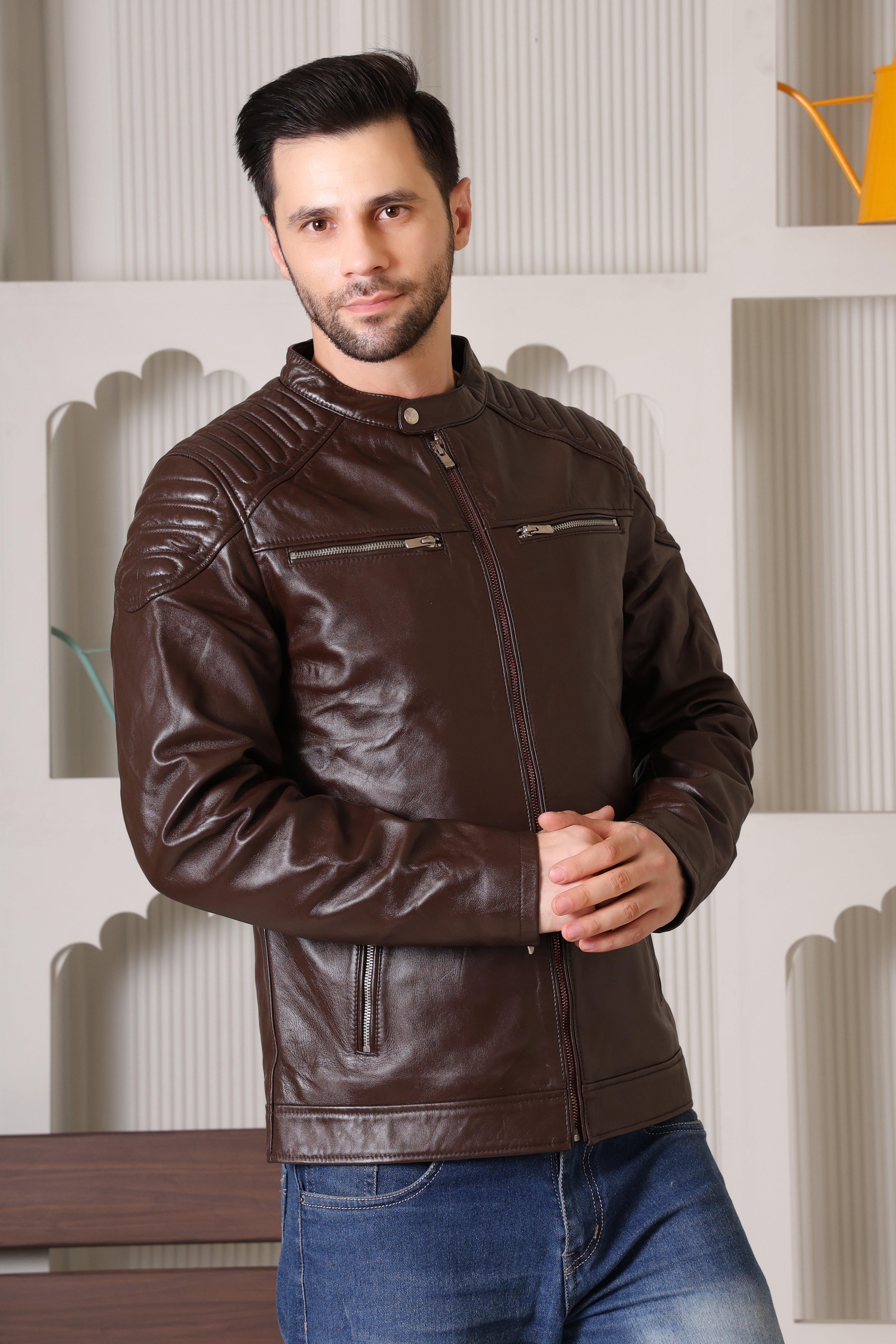 Cool Equal Men's Pure Leather Winter Jacket – Classic Brown