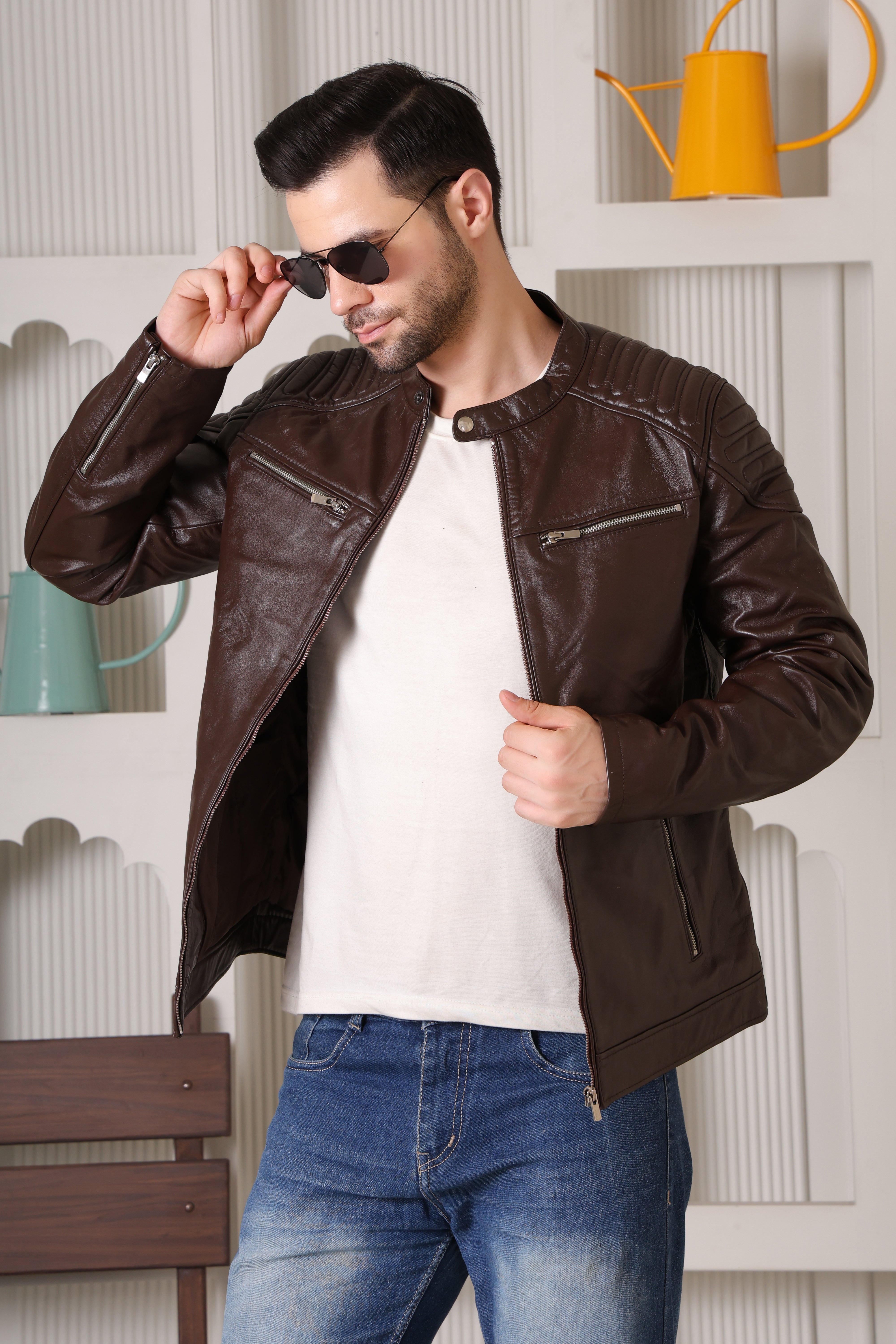 Cool Equal Men's Pure Leather Winter Jacket – Classic Brown