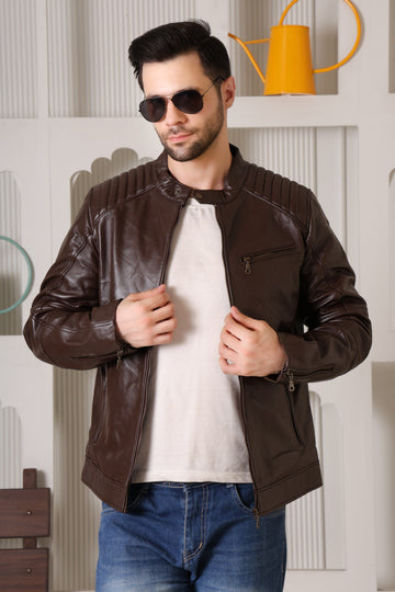 Cool Equal Men's Pure Leather Brown Jacket – Stylish Slim Fit with Quilted Shoulders