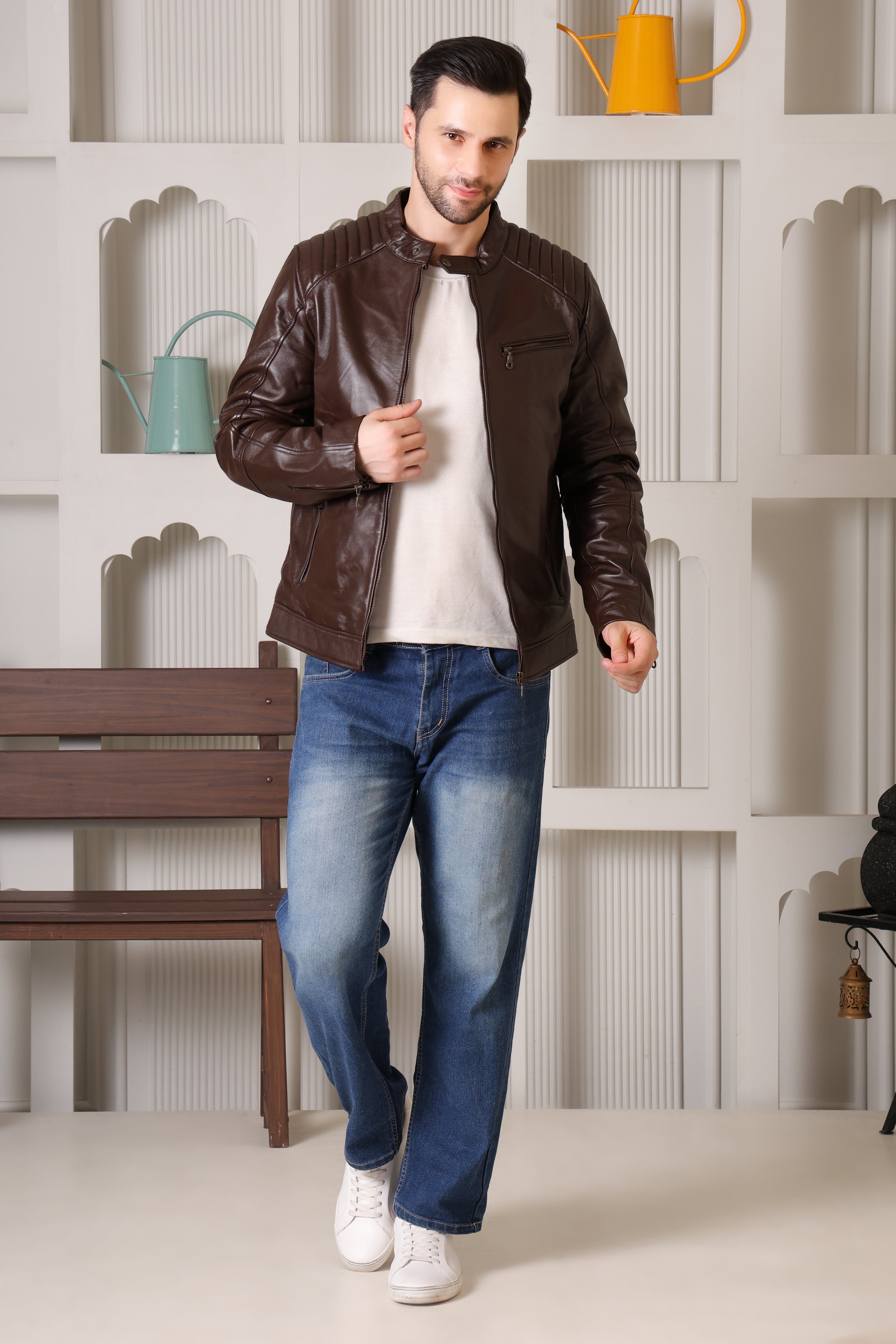 Cool Equal Men's Pure Leather Brown Jacket – Stylish Slim Fit with Quilted Shoulders