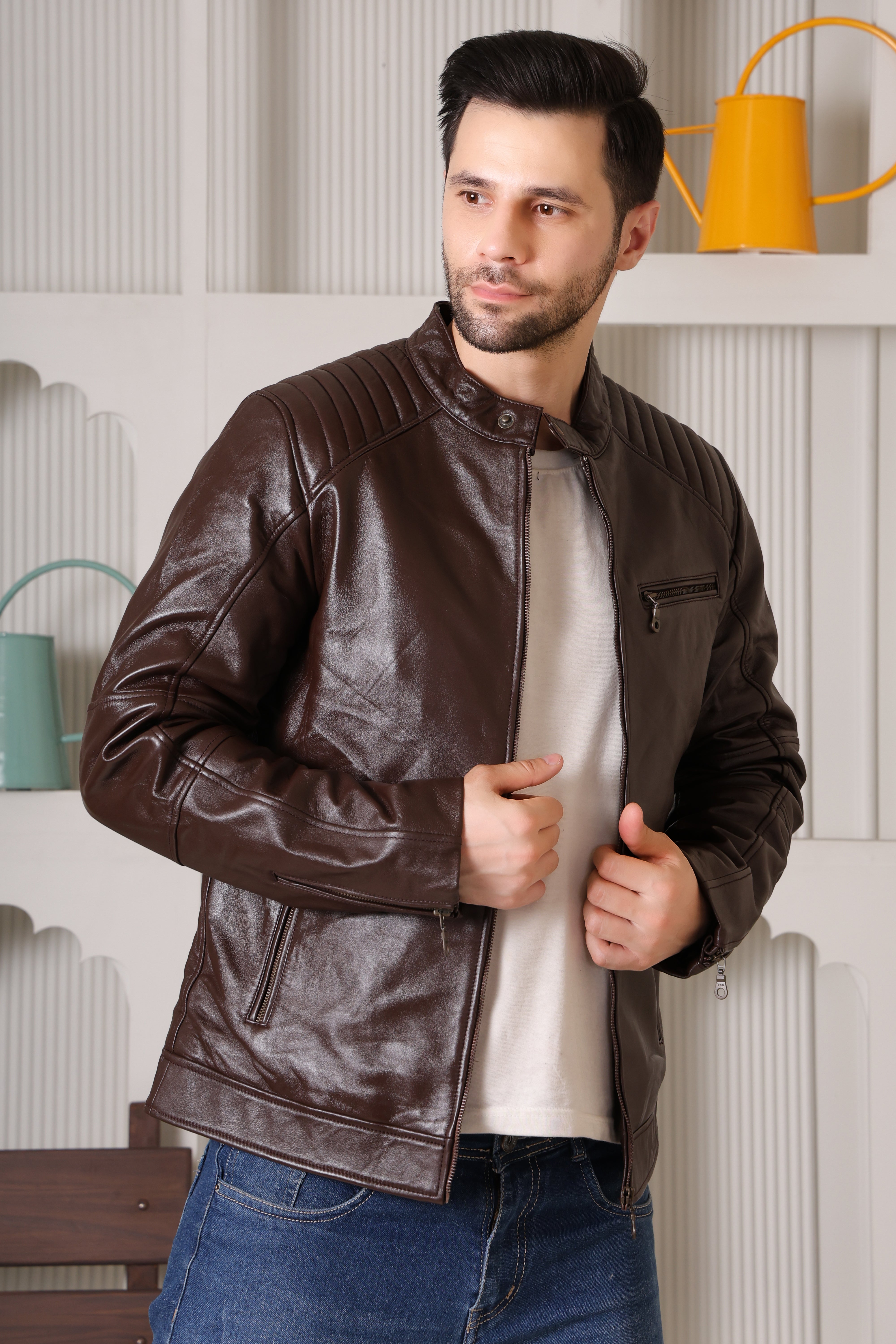 Cool Equal Men's Pure Leather Brown Jacket – Stylish Slim Fit with Quilted Shoulders
