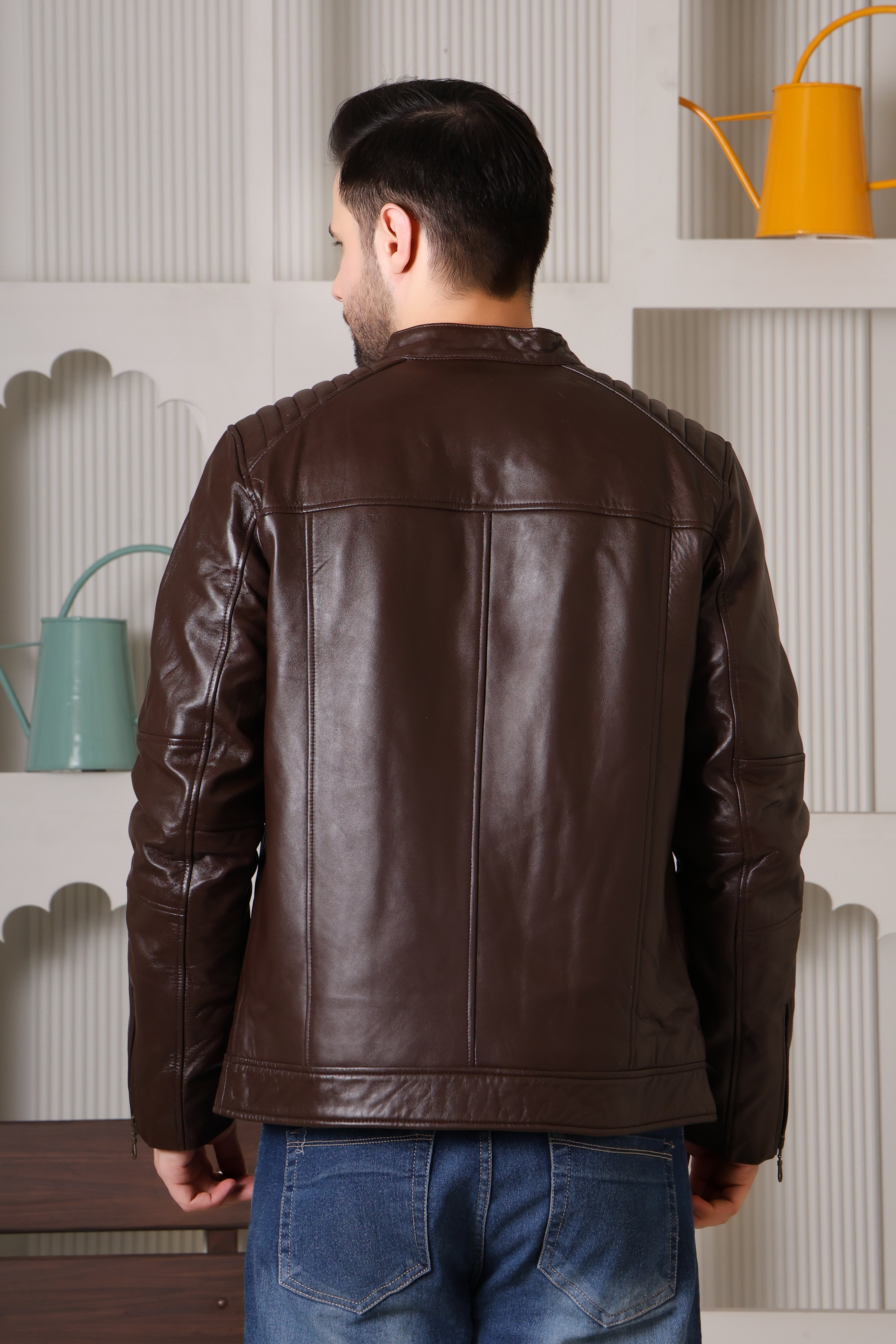 Cool Equal Men's Pure Leather Brown Jacket – Stylish Slim Fit with Quilted Shoulders