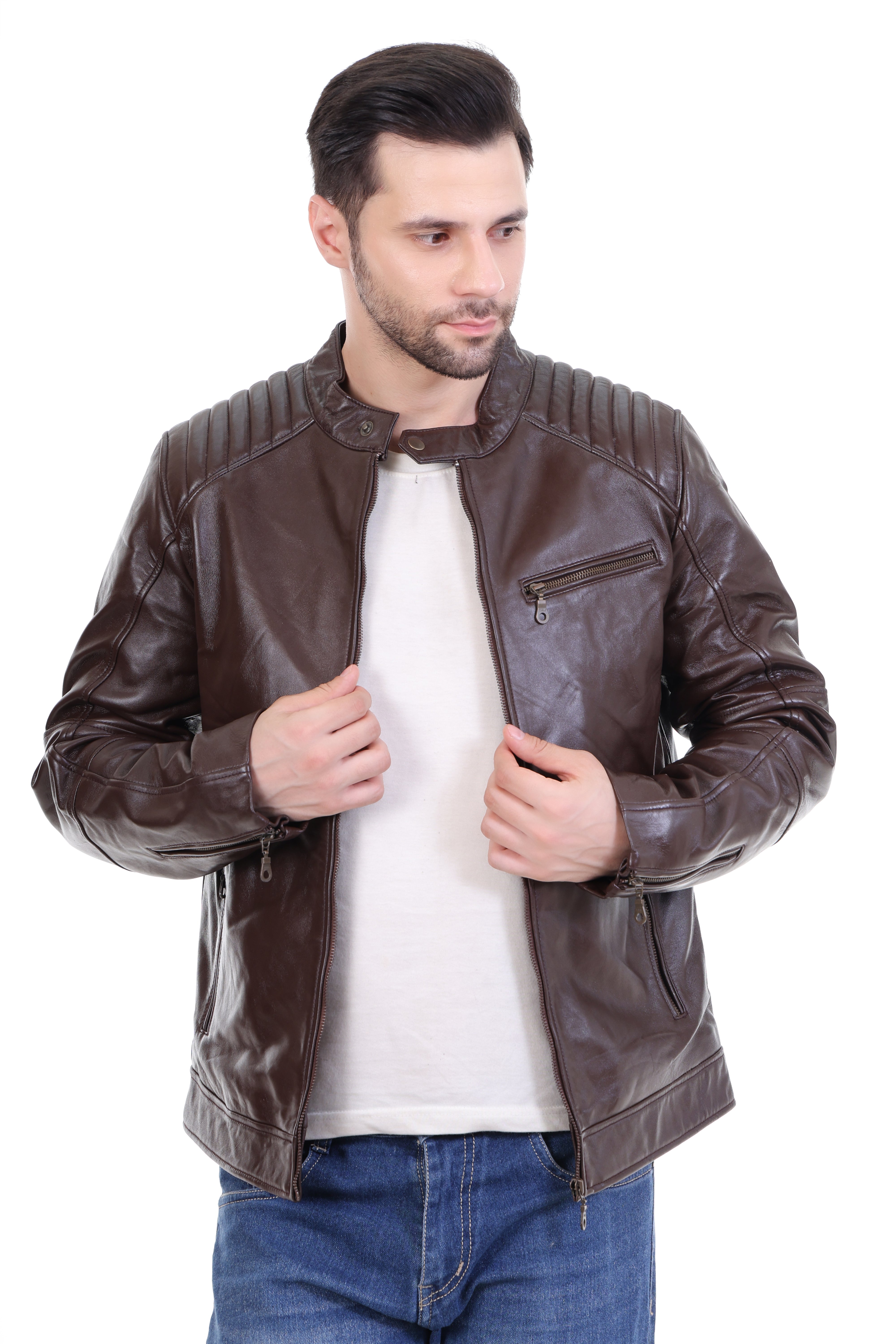 Cool Equal Men's Pure Leather Brown Jacket – Stylish Slim Fit with Quilted Shoulders