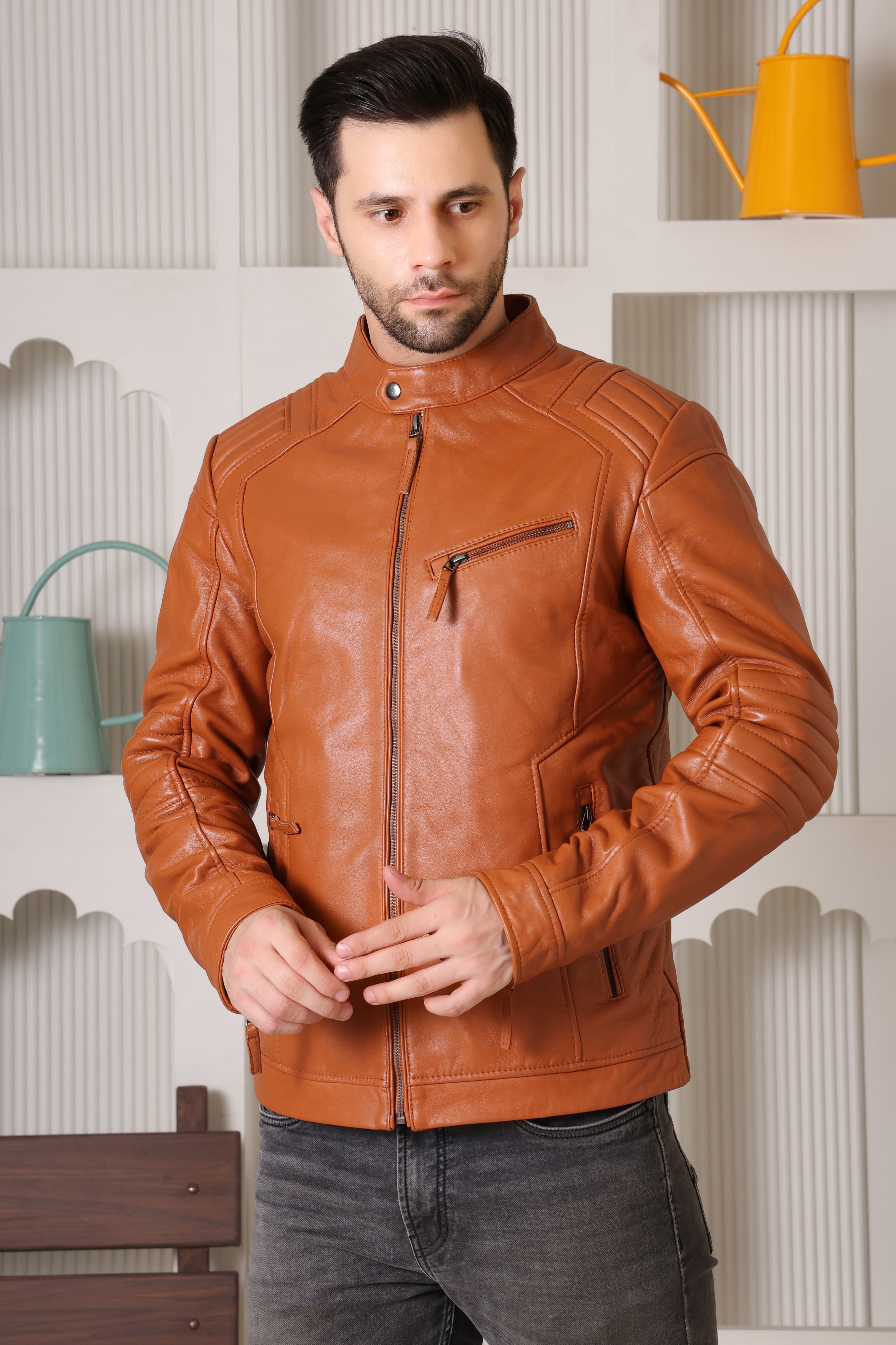 Men’s Tan Pure Leather Jacket with Stand Collar & Zipper Pockets