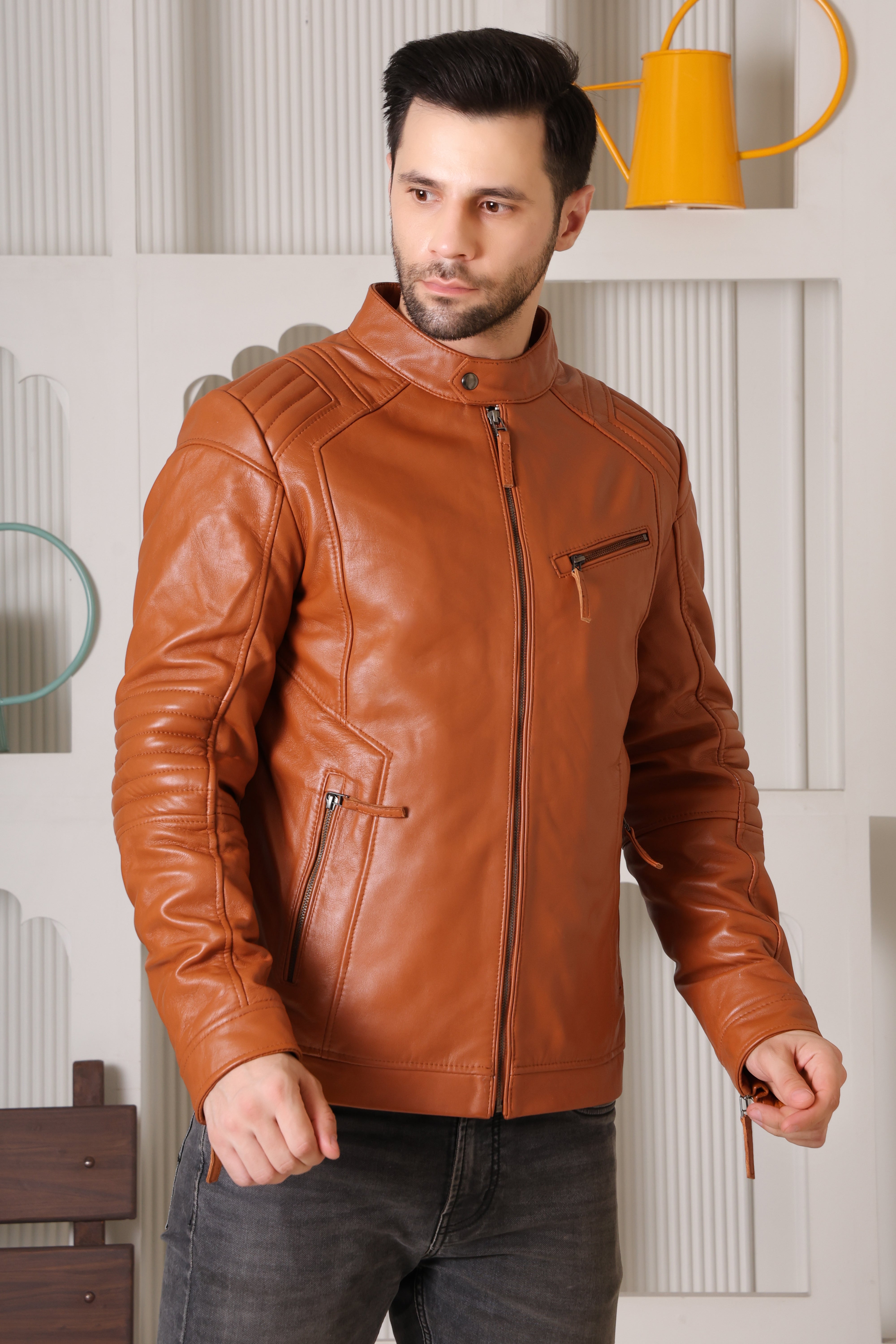 Men’s Tan Pure Leather Jacket with Stand Collar & Zipper Pockets