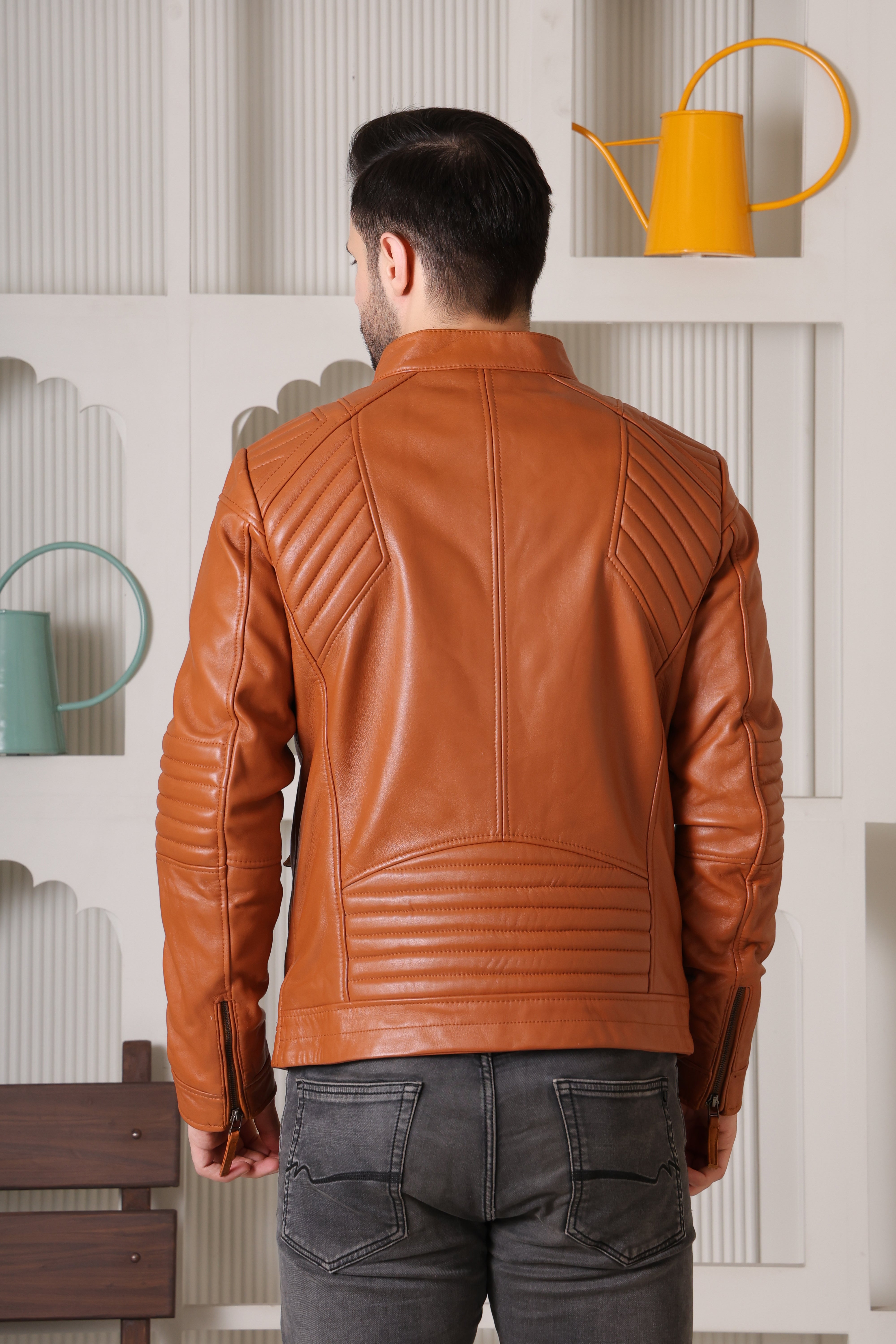 Men’s Tan Pure Leather Jacket with Stand Collar & Zipper Pockets