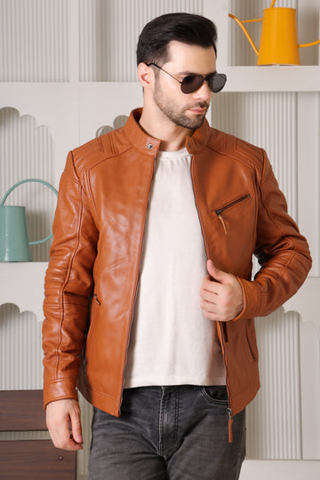Men’s Tan Pure Leather Jacket with Stand Collar & Zipper Pockets
