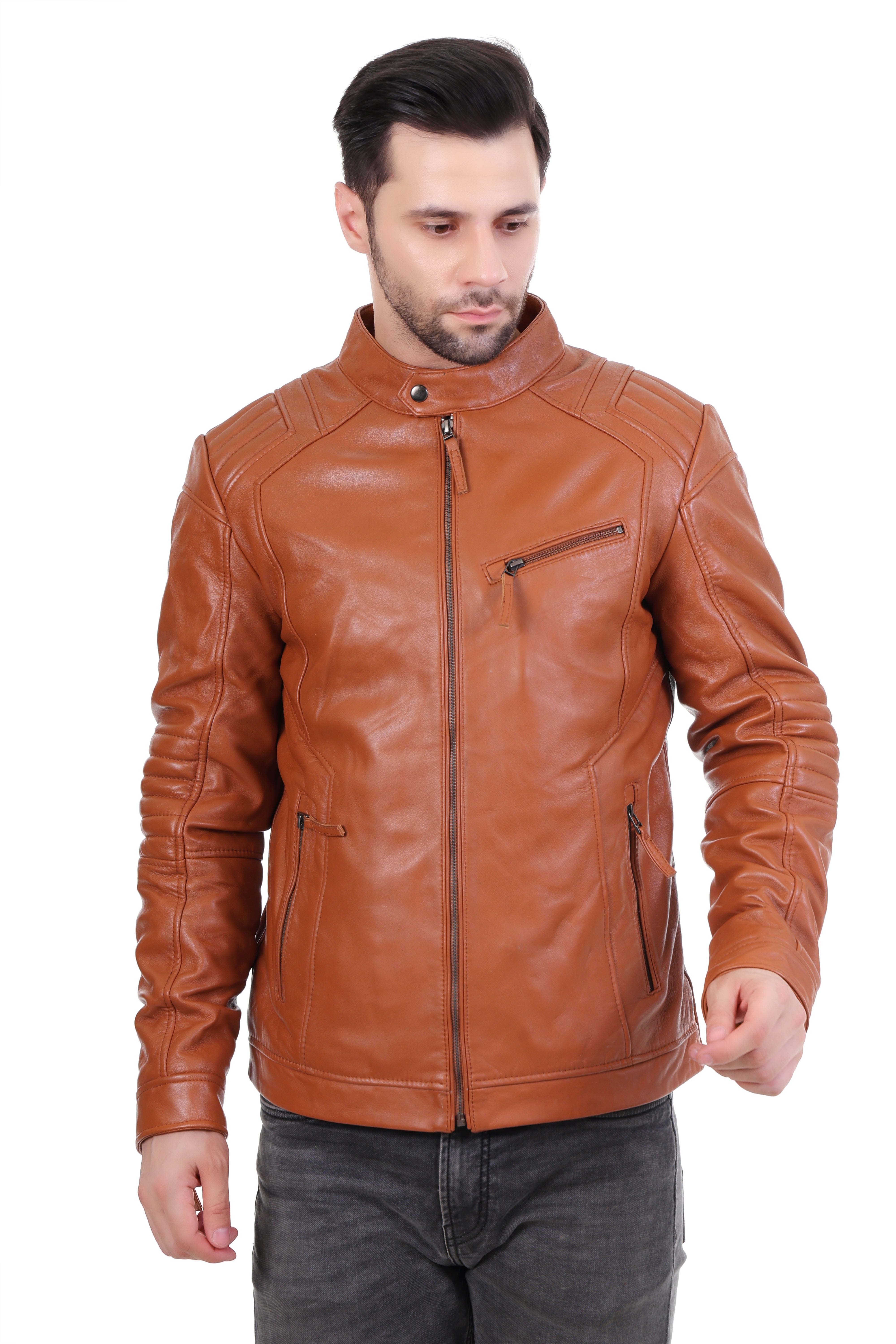Men’s Tan Pure Leather Jacket with Stand Collar & Zipper Pockets