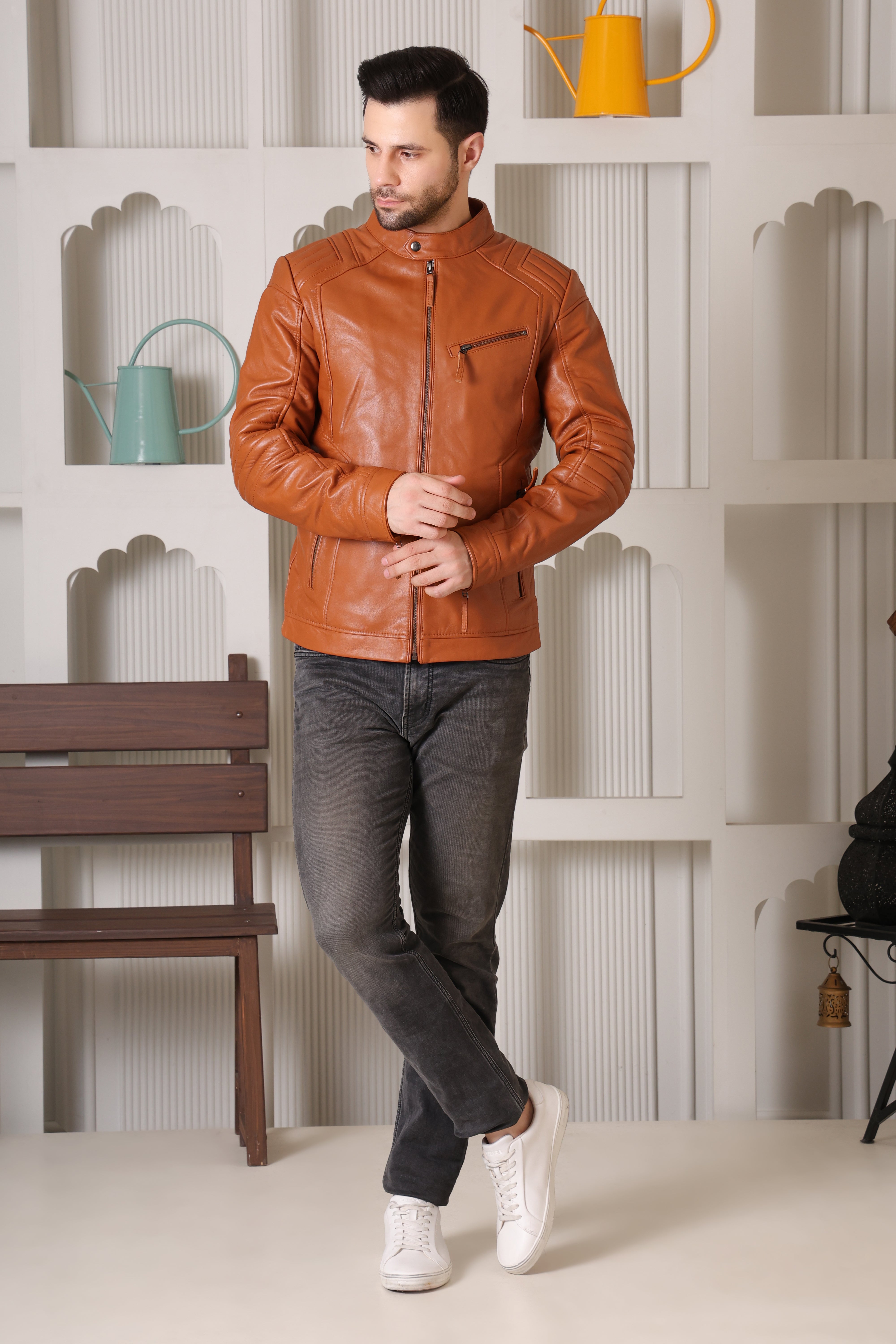 Men’s Tan Pure Leather Jacket with Stand Collar & Zipper Pockets