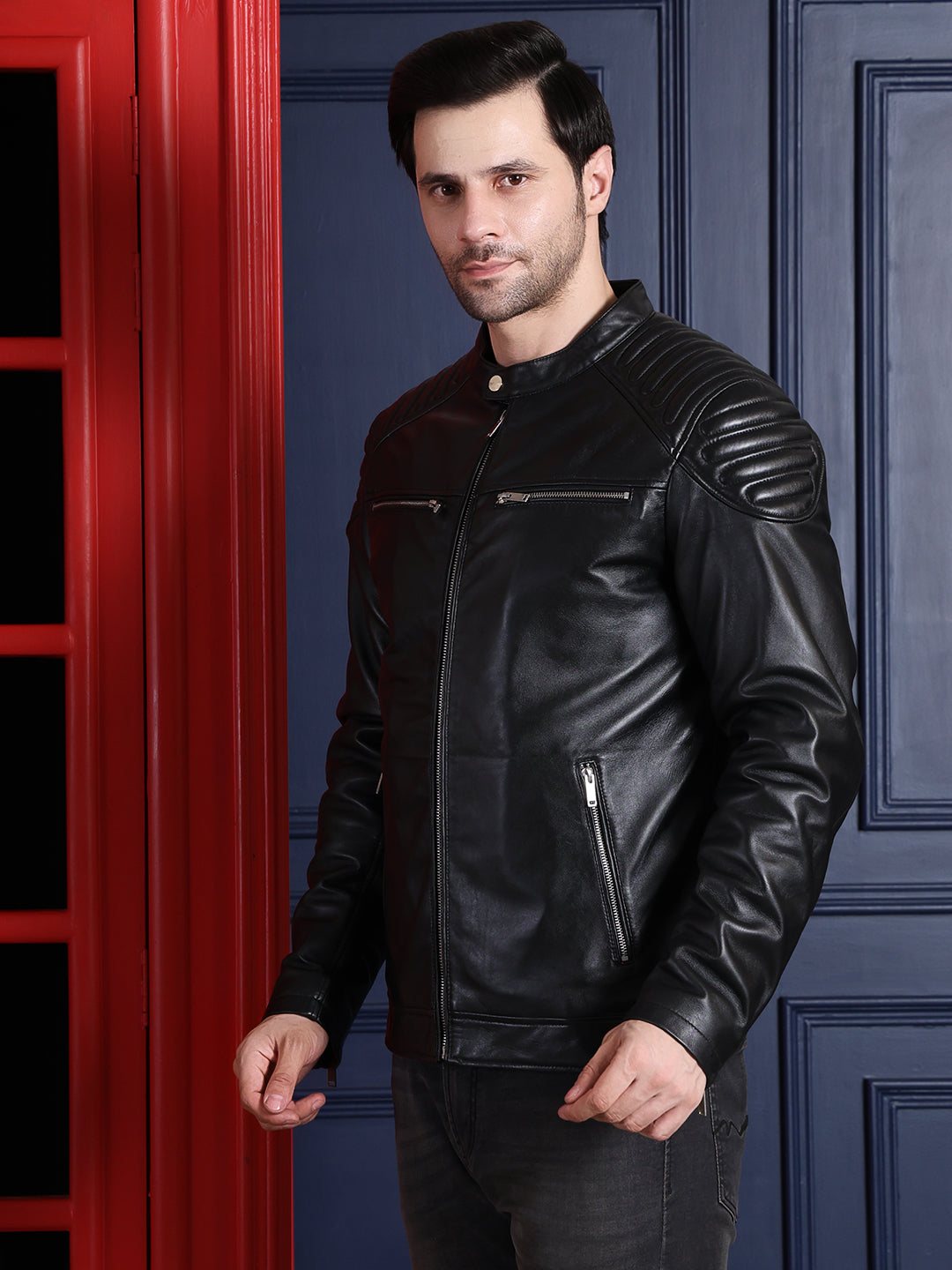 Men’s Black Biker Leather Jacket with Quilted Shoulder Design