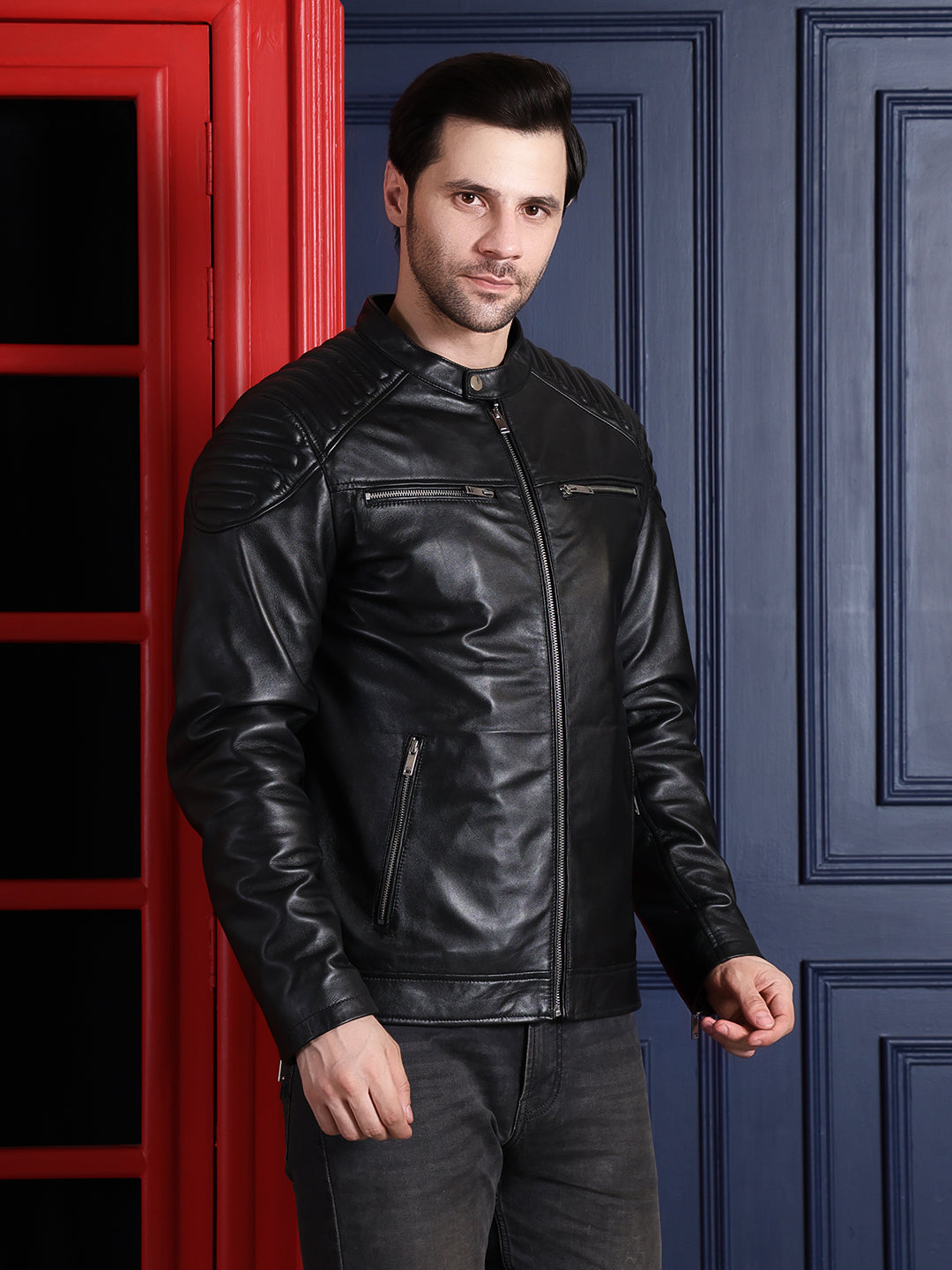 Men’s Black Biker Leather Jacket with Quilted Shoulder Design