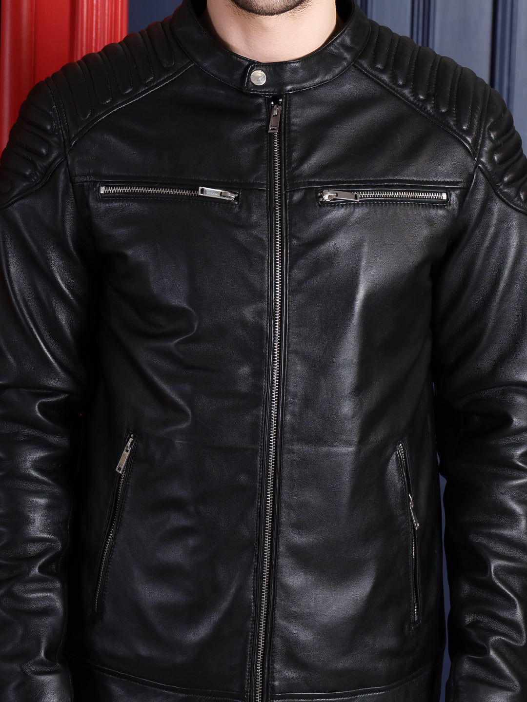 Men’s Black Biker Leather Jacket with Quilted Shoulder Design