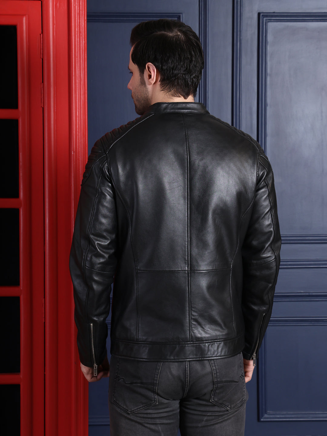 Men’s Black Biker Leather Jacket with Quilted Shoulder Design
