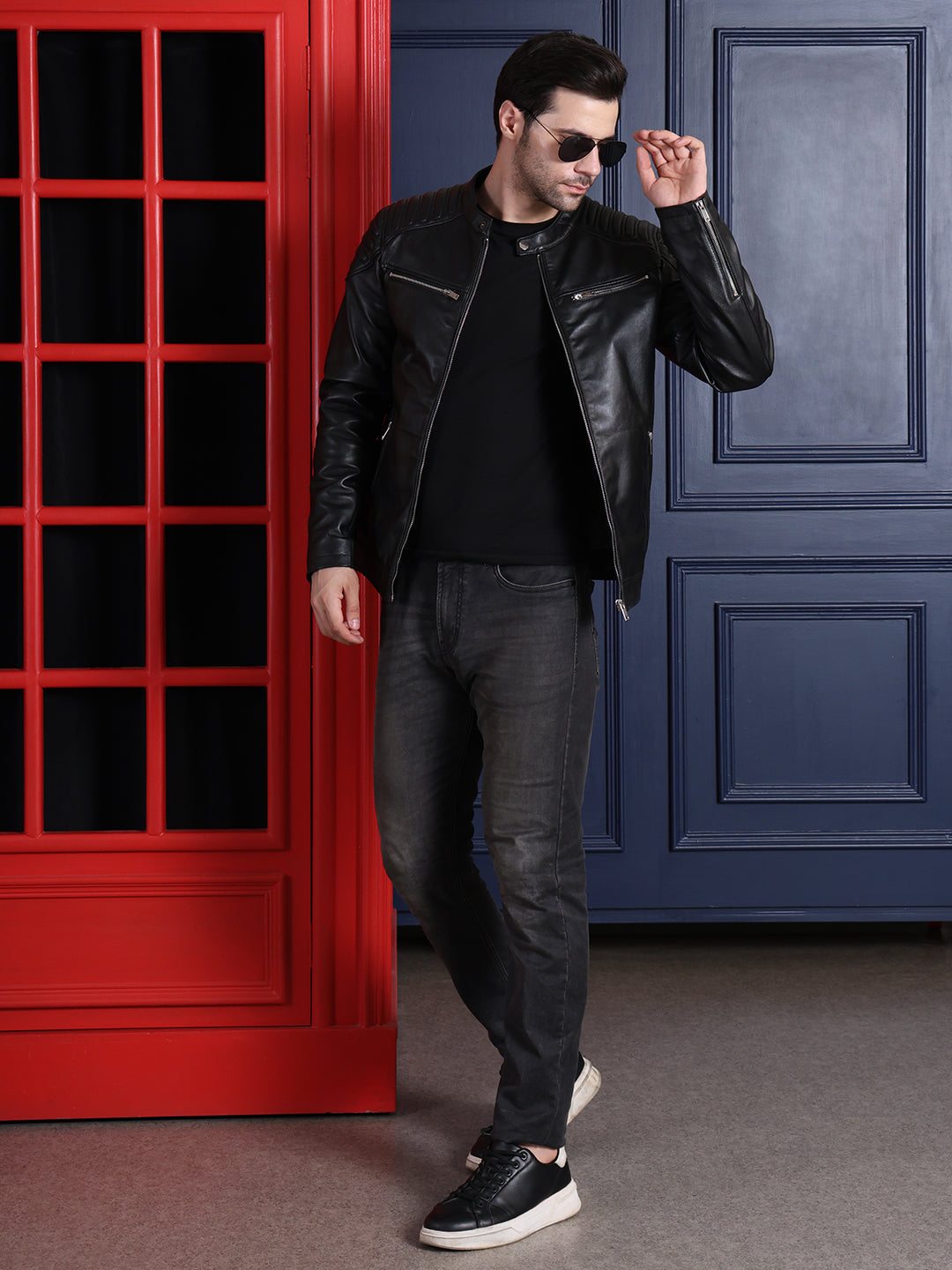 Men’s Black Biker Leather Jacket with Quilted Shoulder Design