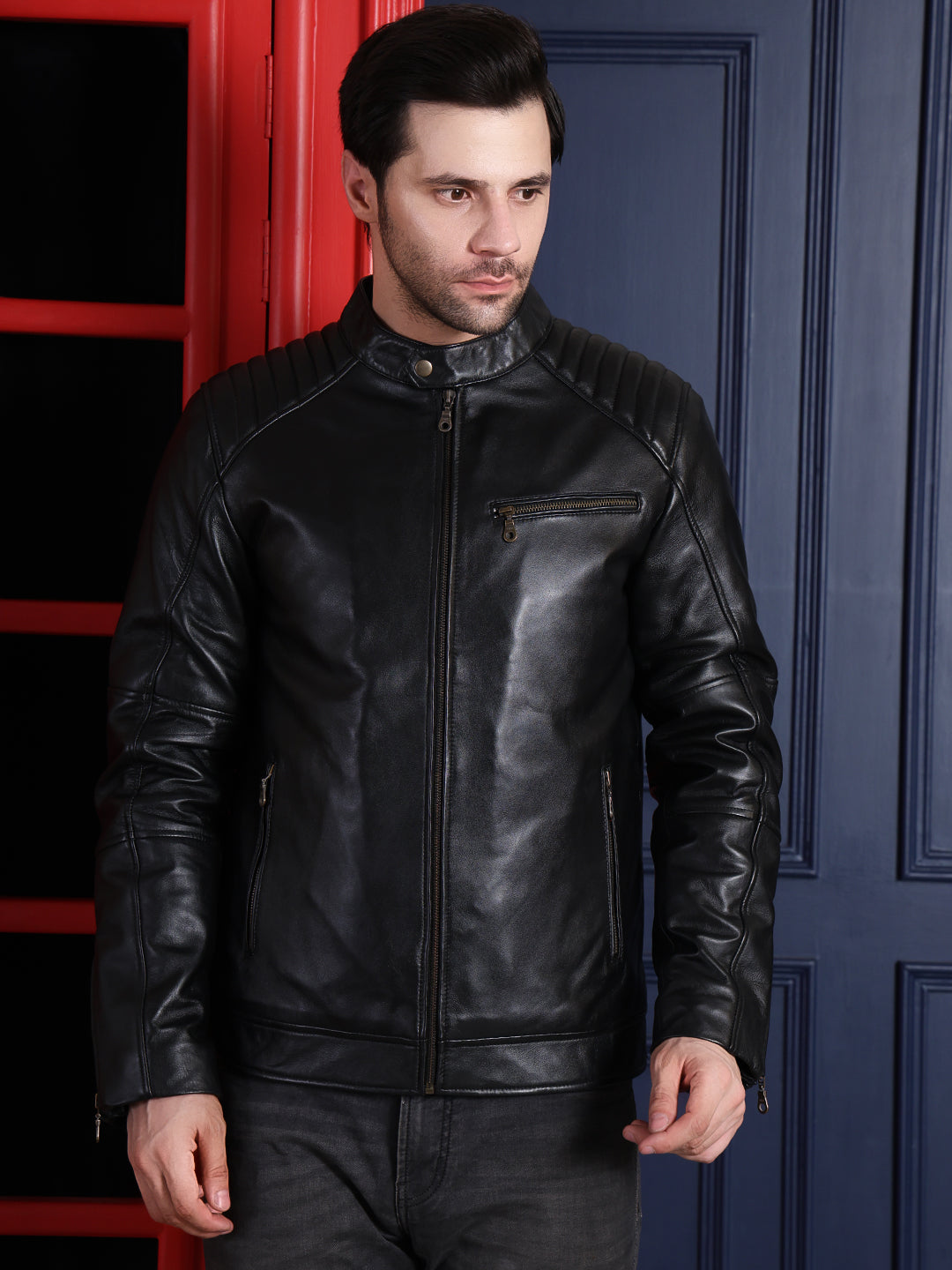 Men’s Real Leather Jacket with Zipper Closure