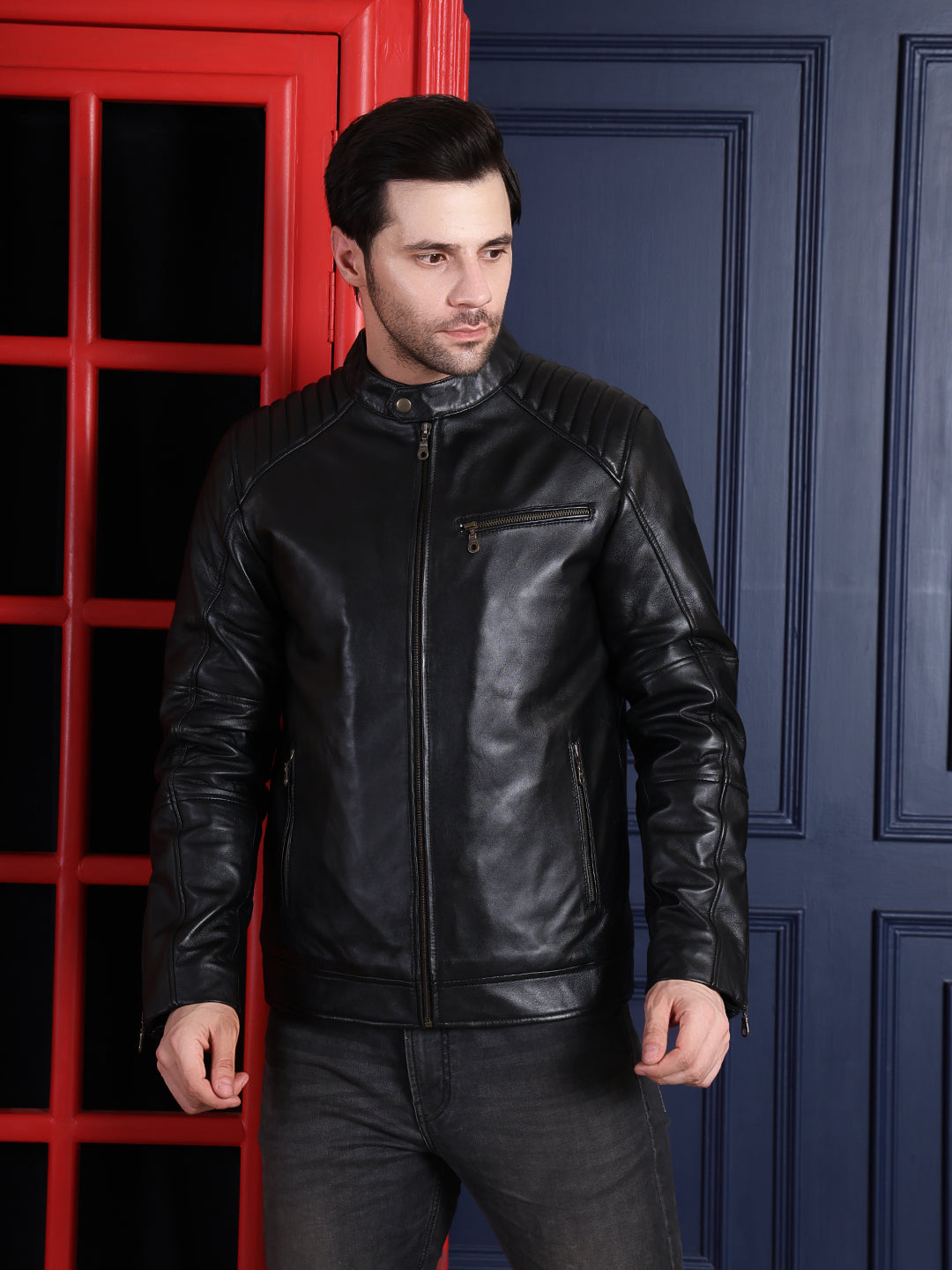 Men’s Real Leather Jacket with Zipper Closure