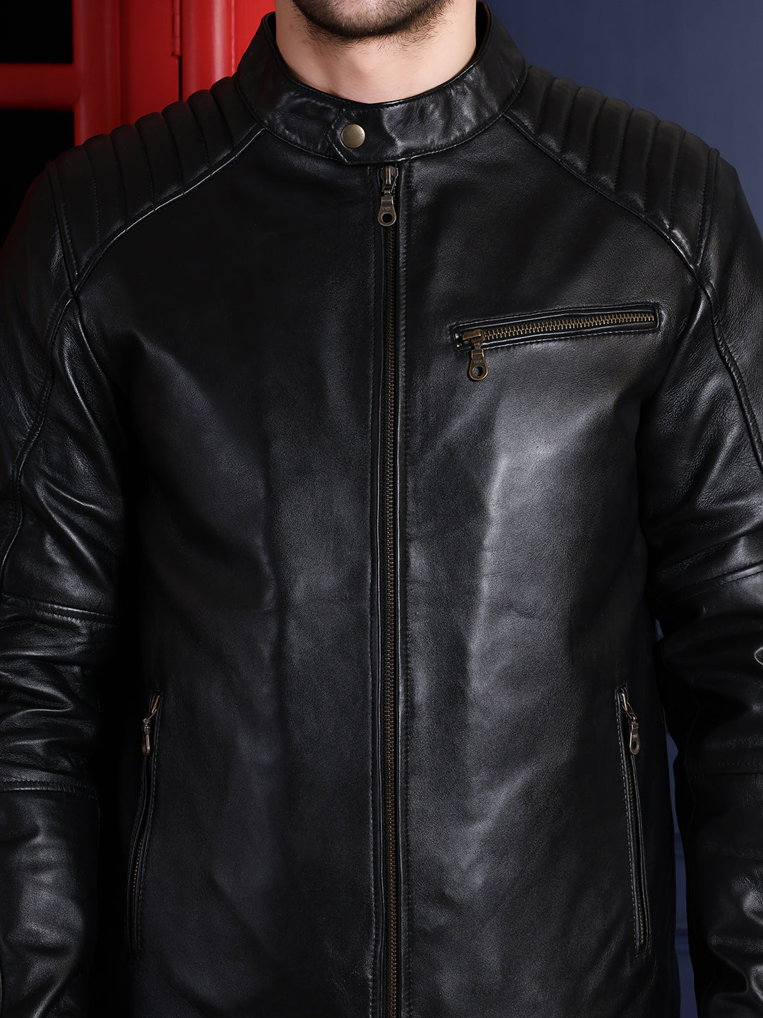 Men’s Real Leather Jacket with Zipper Closure