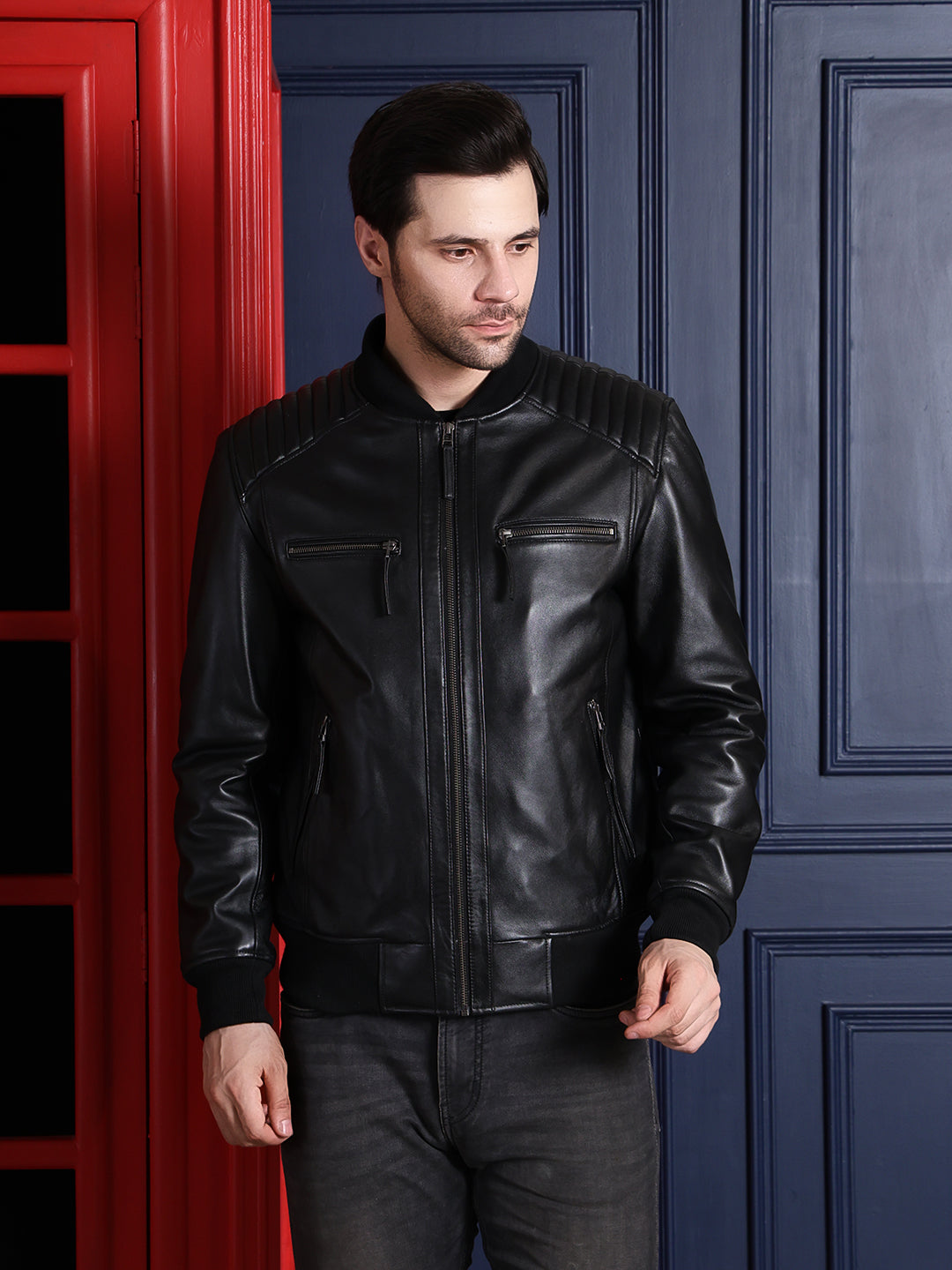 Classic Aviator Black Leather Jacket with Ribbed Shoulders