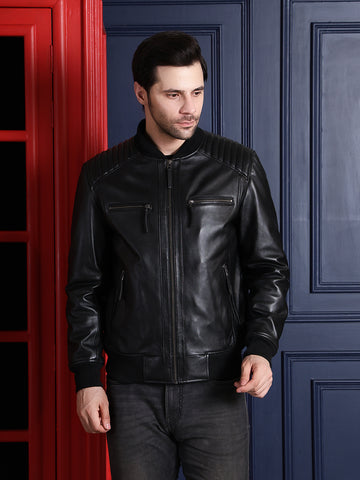 Classic Aviator Black Leather Jacket with Ribbed Shoulders