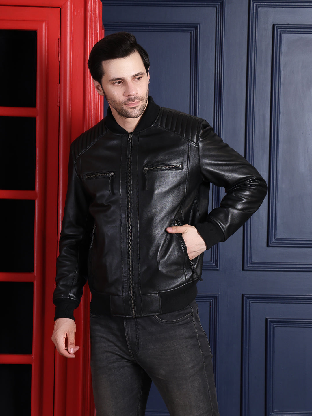 Classic Aviator Black Leather Jacket with Ribbed Shoulders