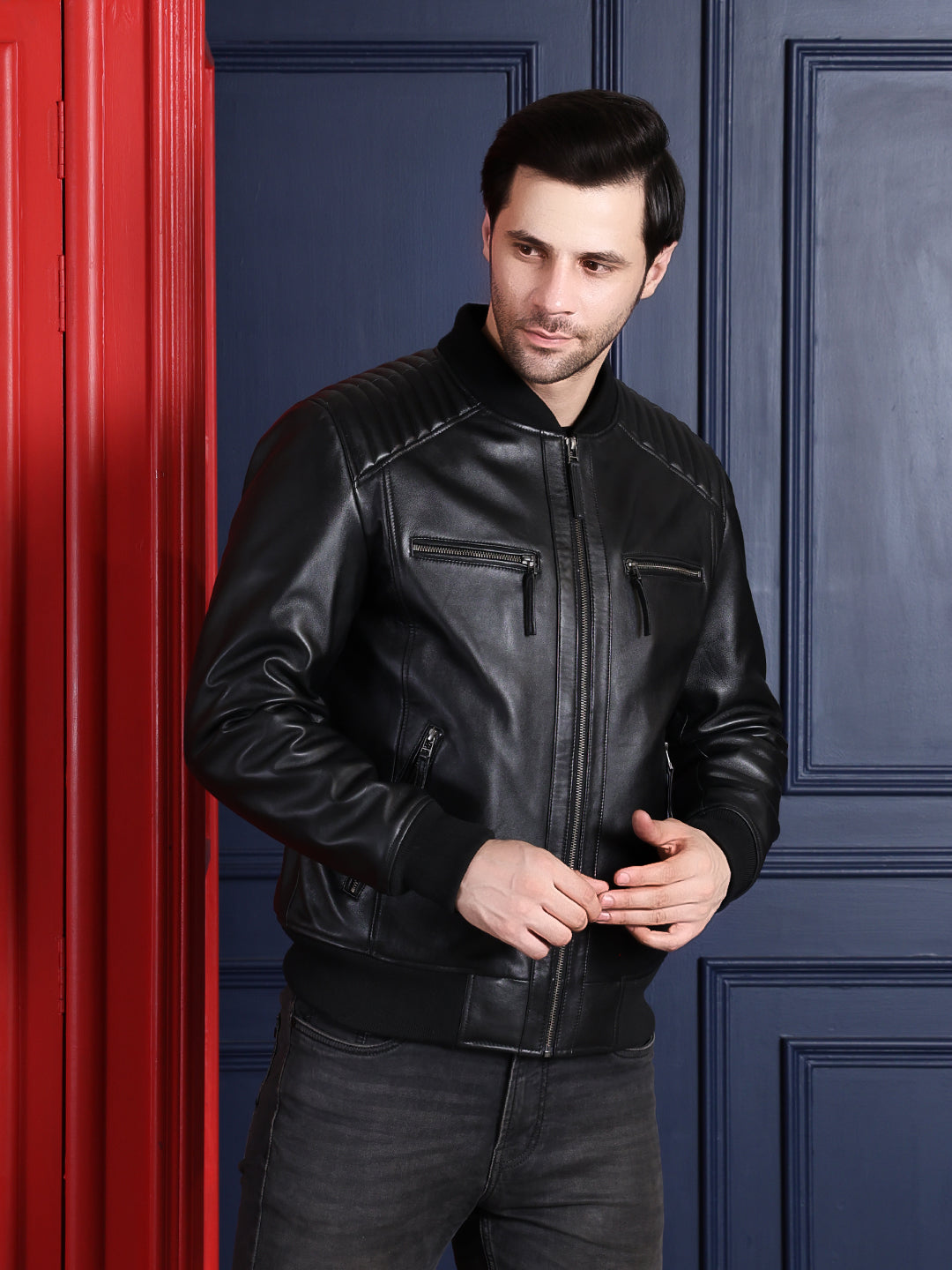 Classic Aviator Black Leather Jacket with Ribbed Shoulders