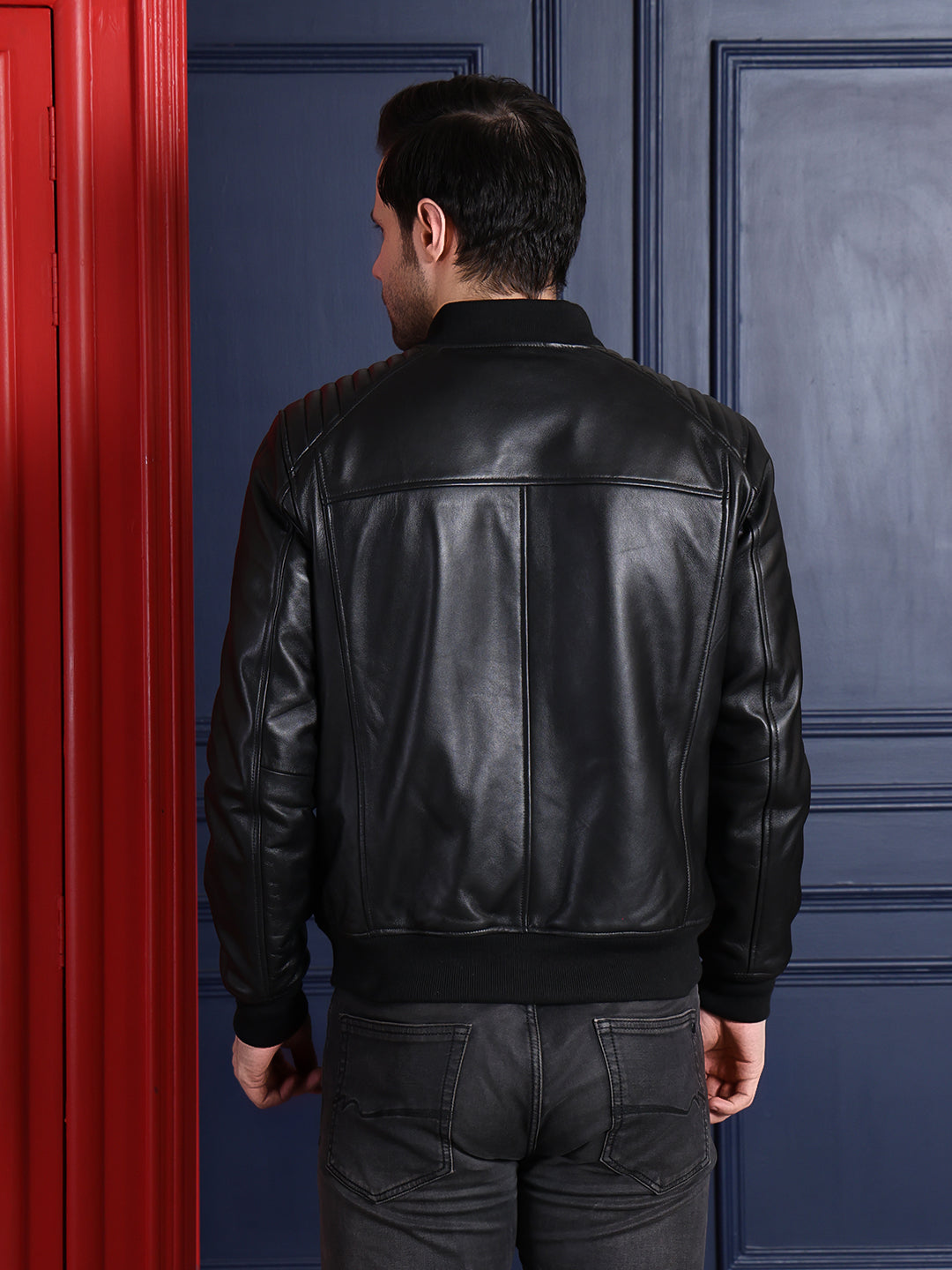 Classic Aviator Black Leather Jacket with Ribbed Shoulders