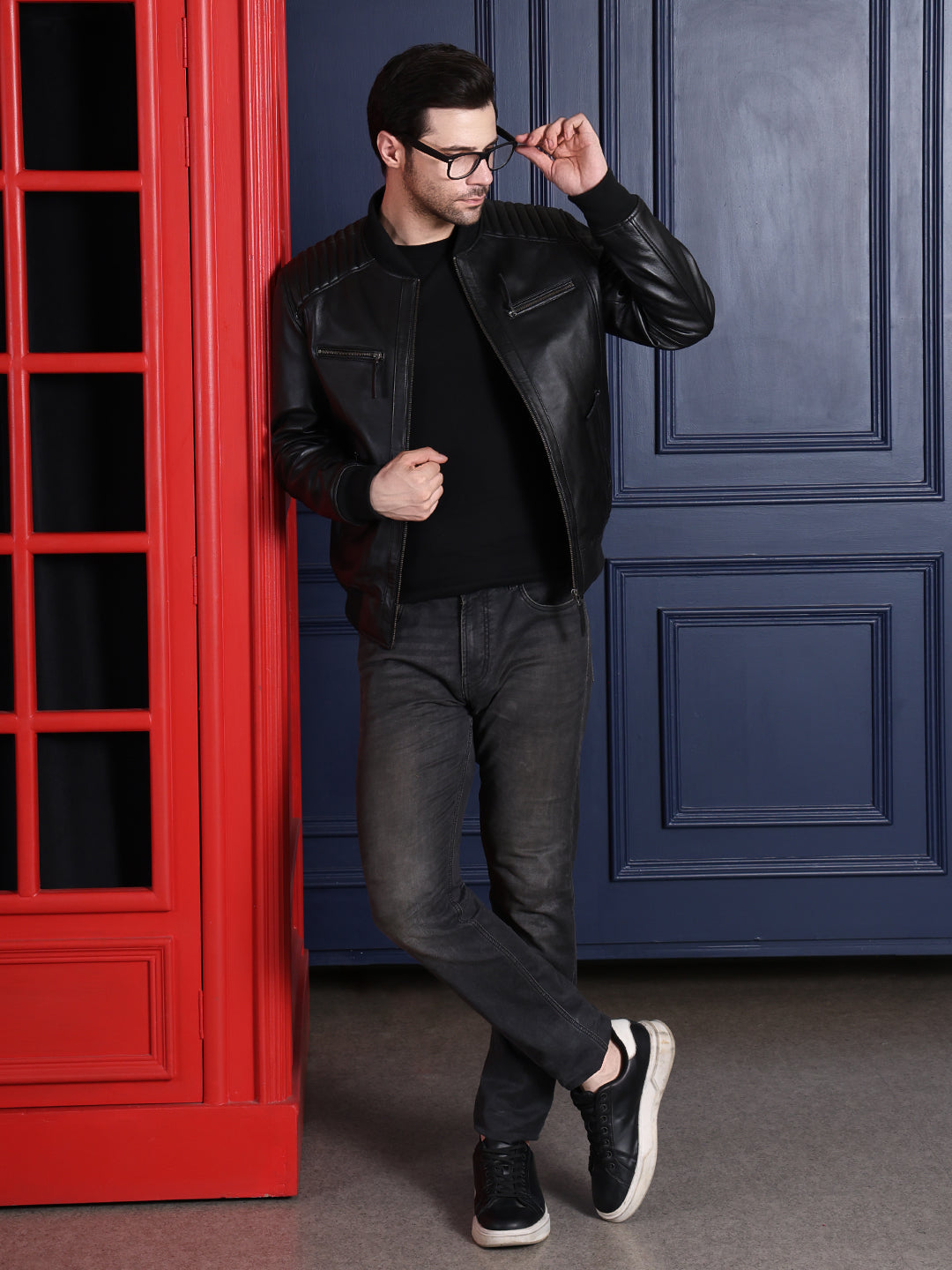 Classic Aviator Black Leather Jacket with Ribbed Shoulders
