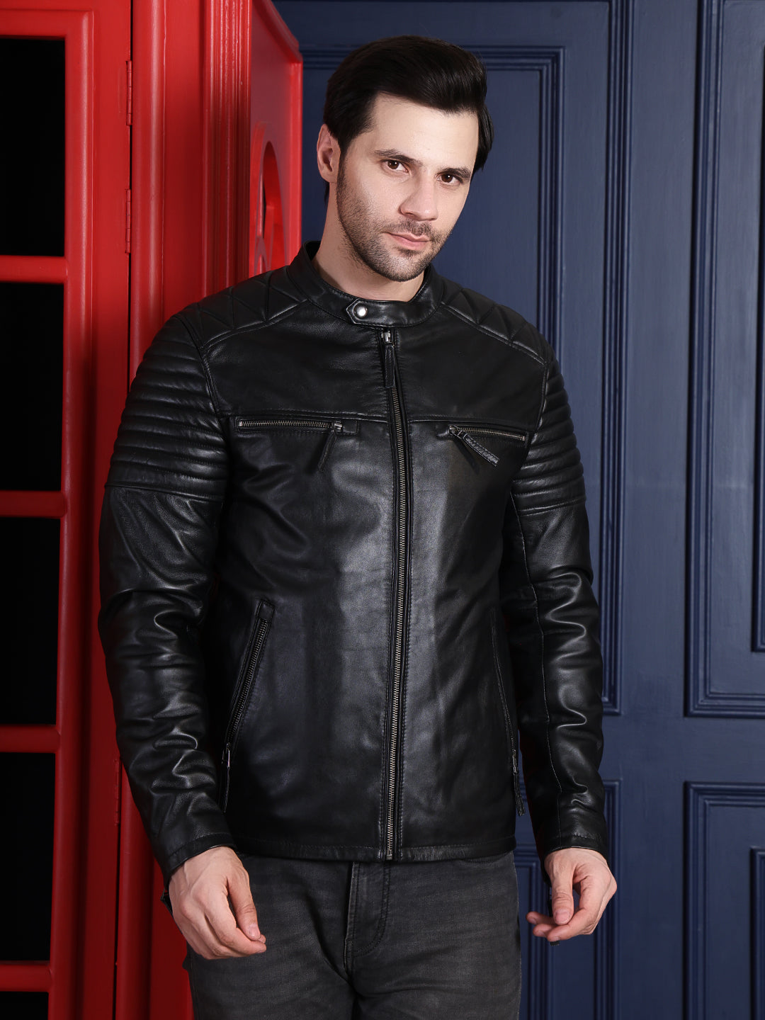 Men’s Style Black Leather Jacket with Quilted Sleeves