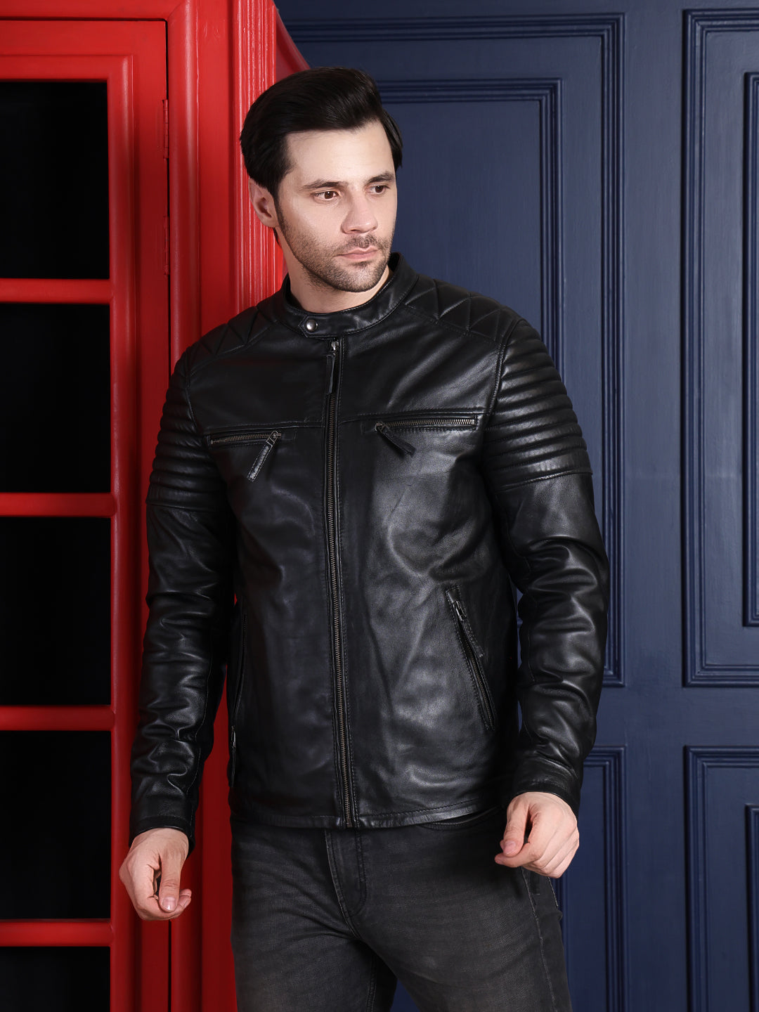 Men’s Style Black Leather Jacket with Quilted Sleeves