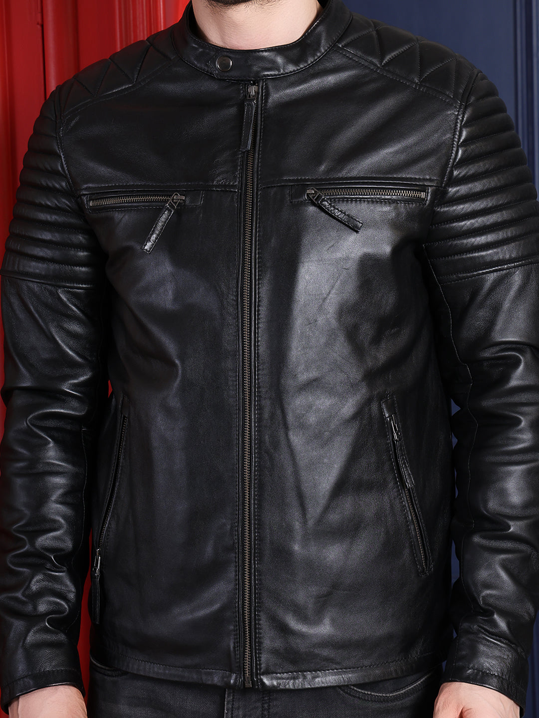 Men’s Style Black Leather Jacket with Quilted Sleeves