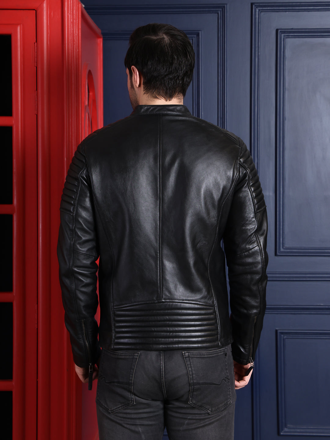 Men’s Style Black Leather Jacket with Quilted Sleeves