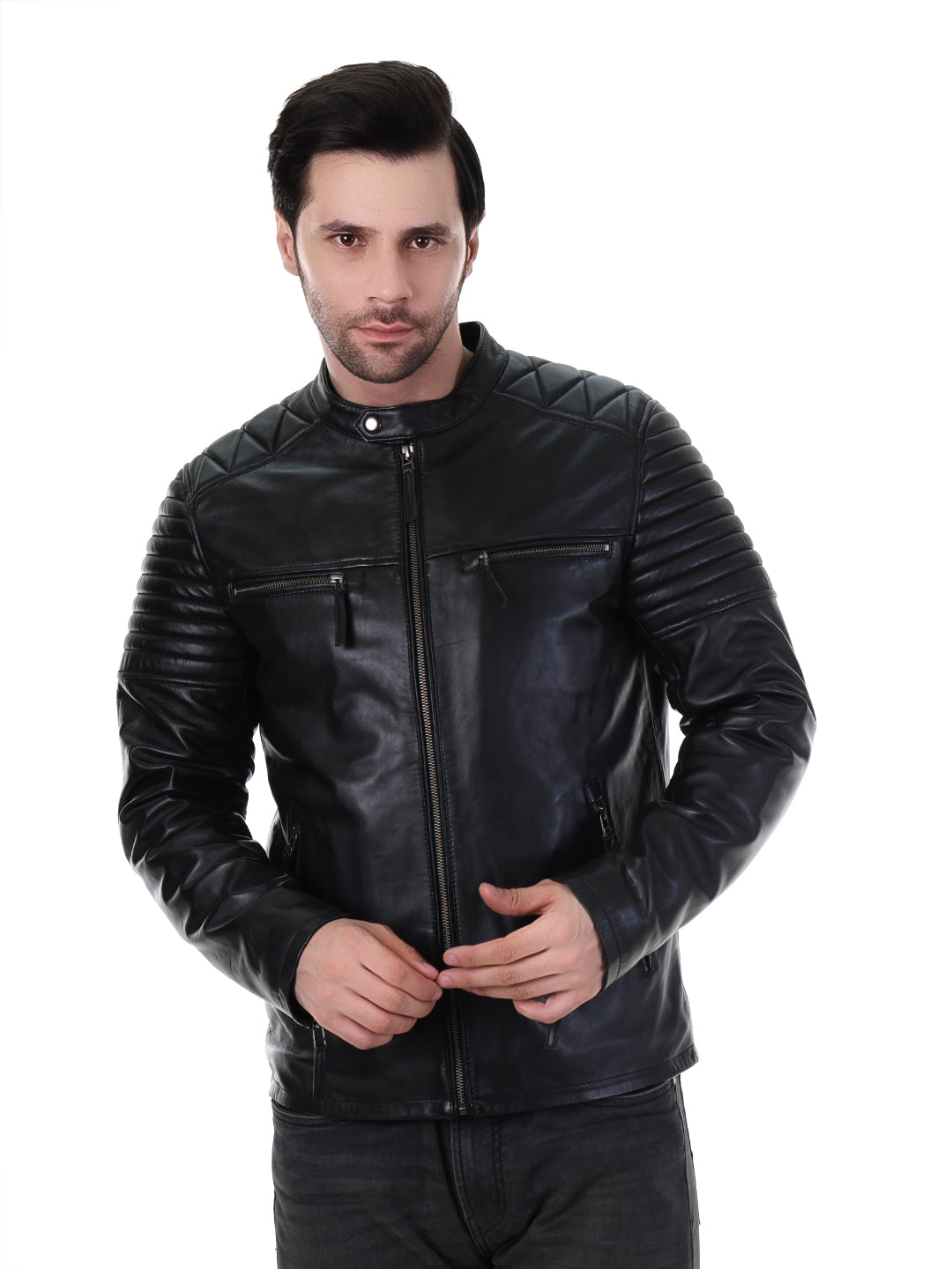 Men’s Style Black Leather Jacket with Quilted Sleeves