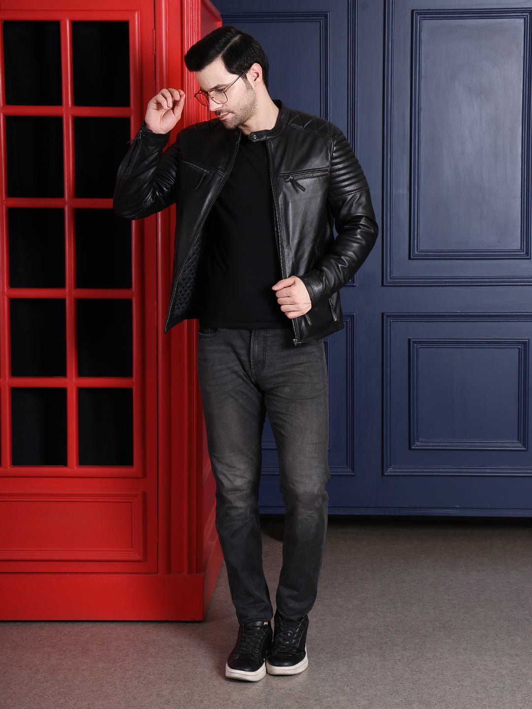 Men’s Style Black Leather Jacket with Quilted Sleeves
