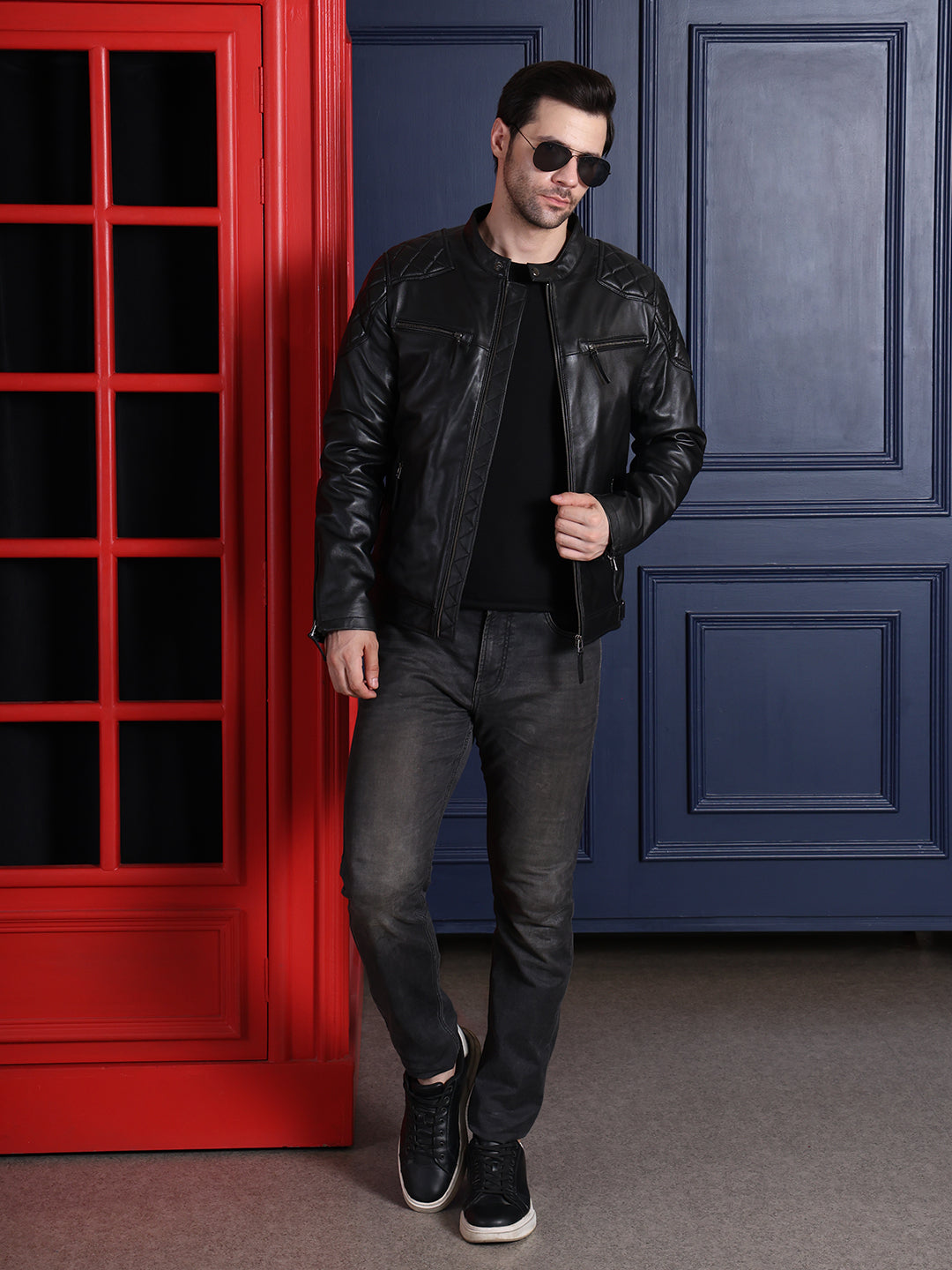 Cool Equal Men’s Pure Leather Biker Jacket – Black Quilted Shoulder Design, Premium Zipper Style