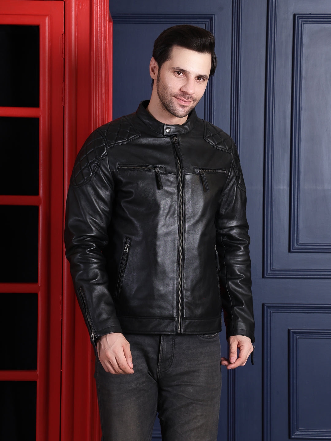 Cool Equal Men’s Pure Leather Biker Jacket – Black Quilted Shoulder Design, Premium Zipper Style