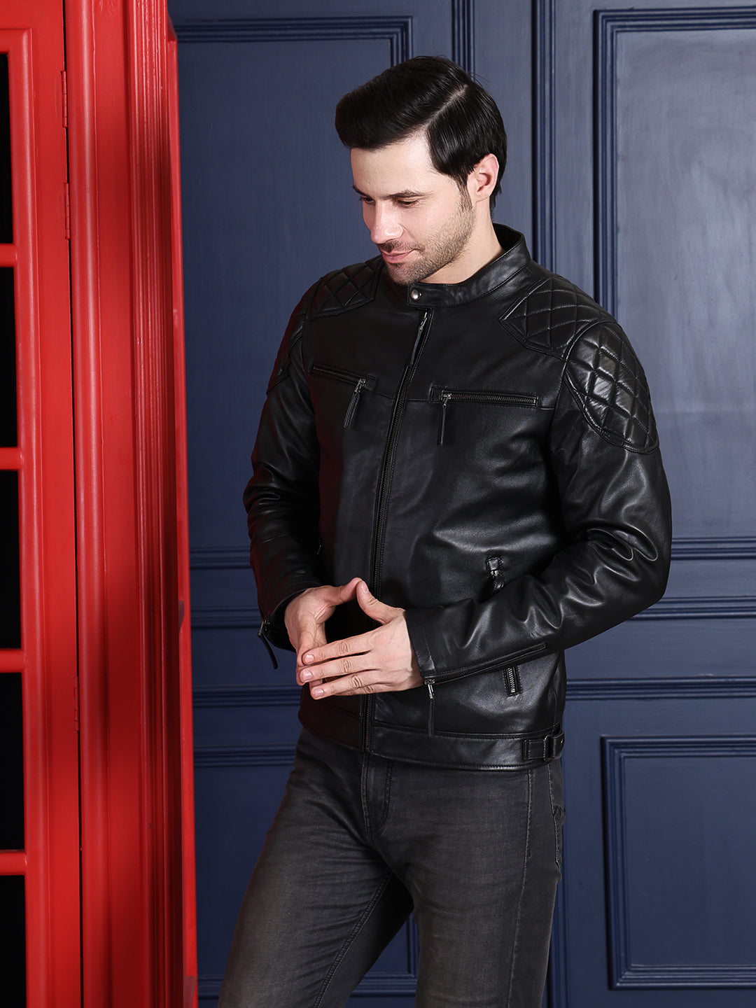 Cool Equal Men’s Pure Leather Biker Jacket – Black Quilted Shoulder Design, Premium Zipper Style