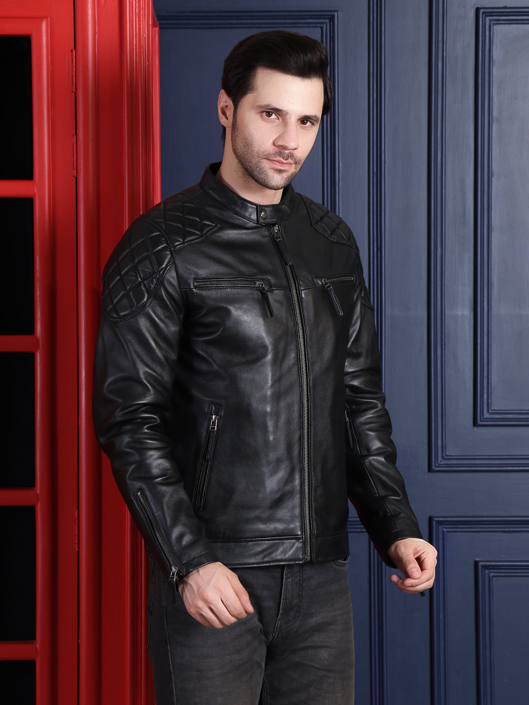 Cool Equal Men’s Pure Leather Biker Jacket – Black Quilted Shoulder Design, Premium Zipper Style