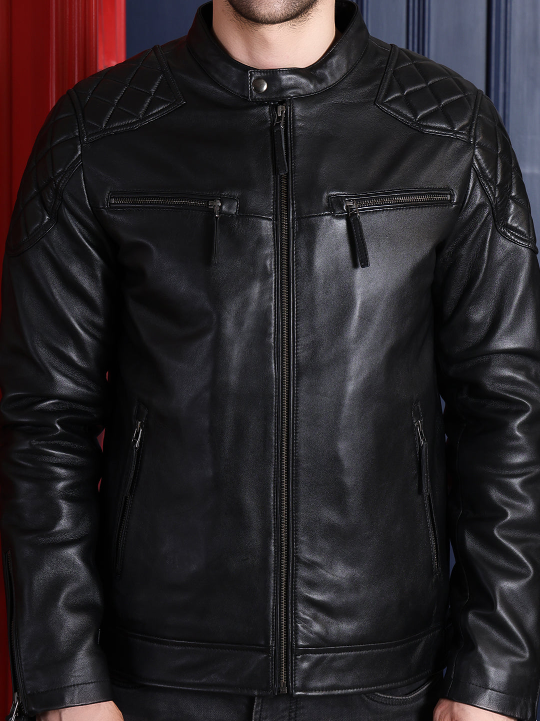 Cool Equal Men’s Pure Leather Biker Jacket – Black Quilted Shoulder Design, Premium Zipper Style