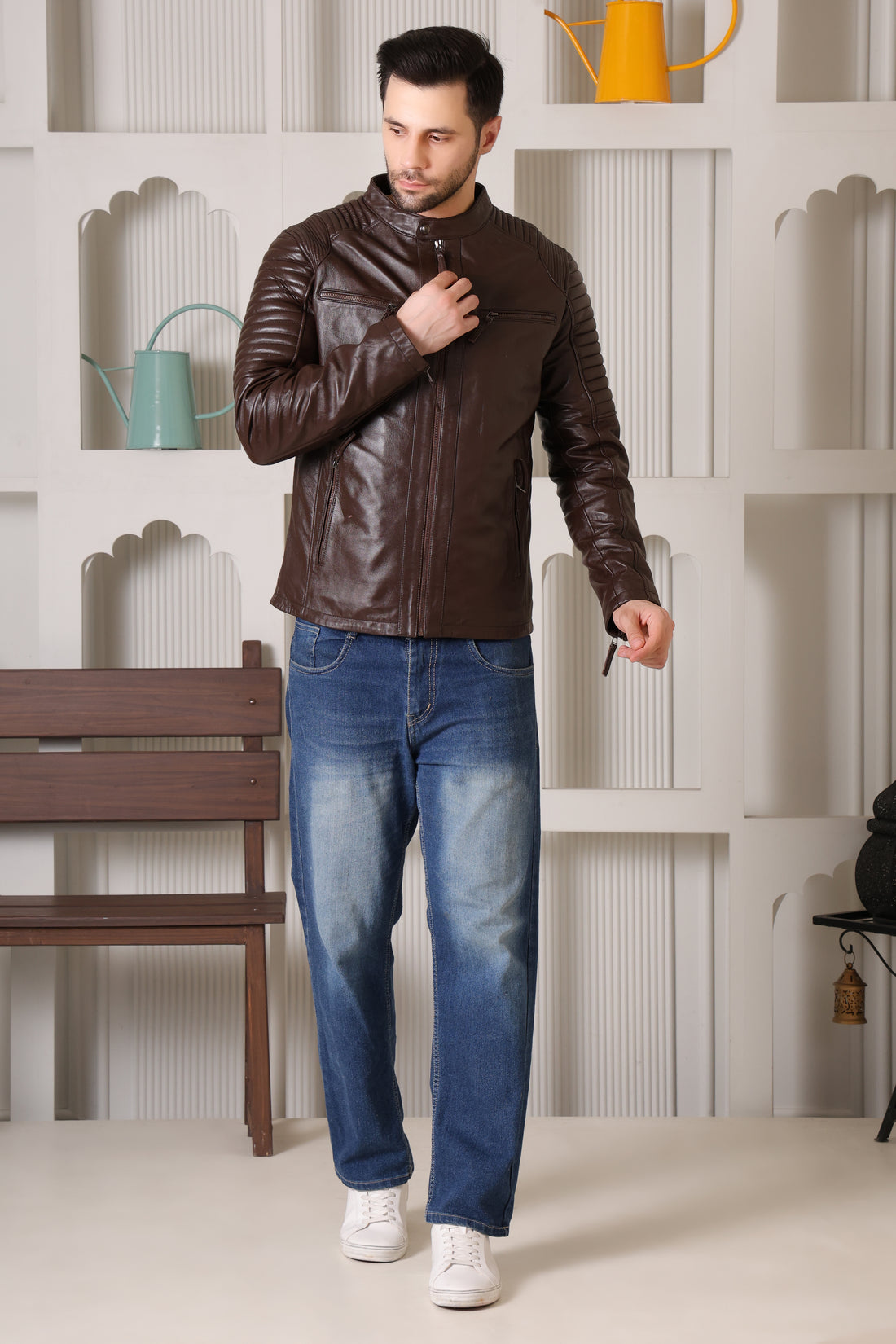 Cool Equal Men’s Pure Leather Biker Jacket – Classic Brown, Stylish & Durable