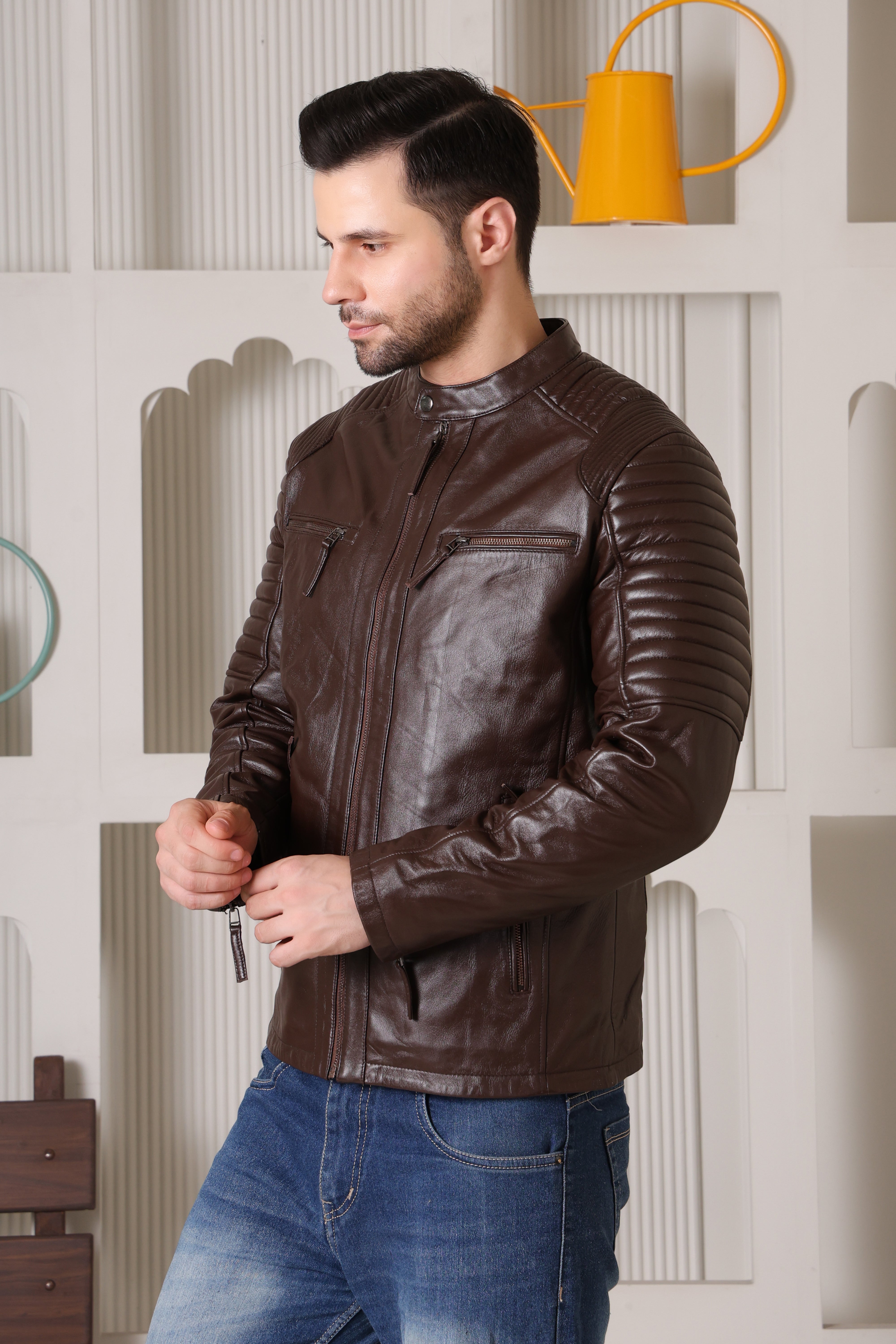 Cool Equal Men’s Pure Leather Biker Jacket – Classic Brown, Stylish & Durable