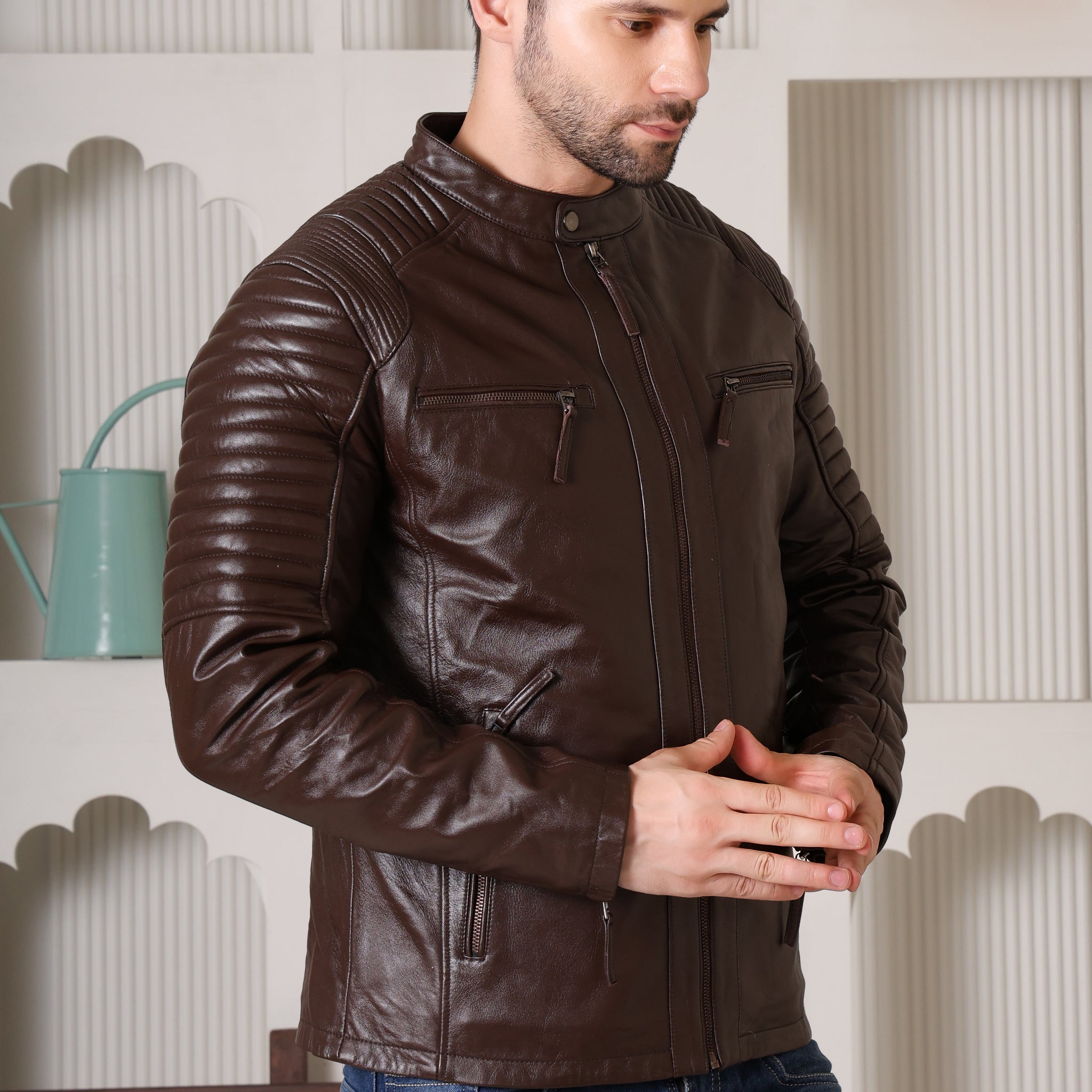 Cool Equal Men’s Pure Leather Biker Jacket – Classic Brown, Stylish & Durable