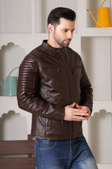 Cool Equal Men’s Pure Leather Biker Jacket – Classic Brown, Stylish & Durable