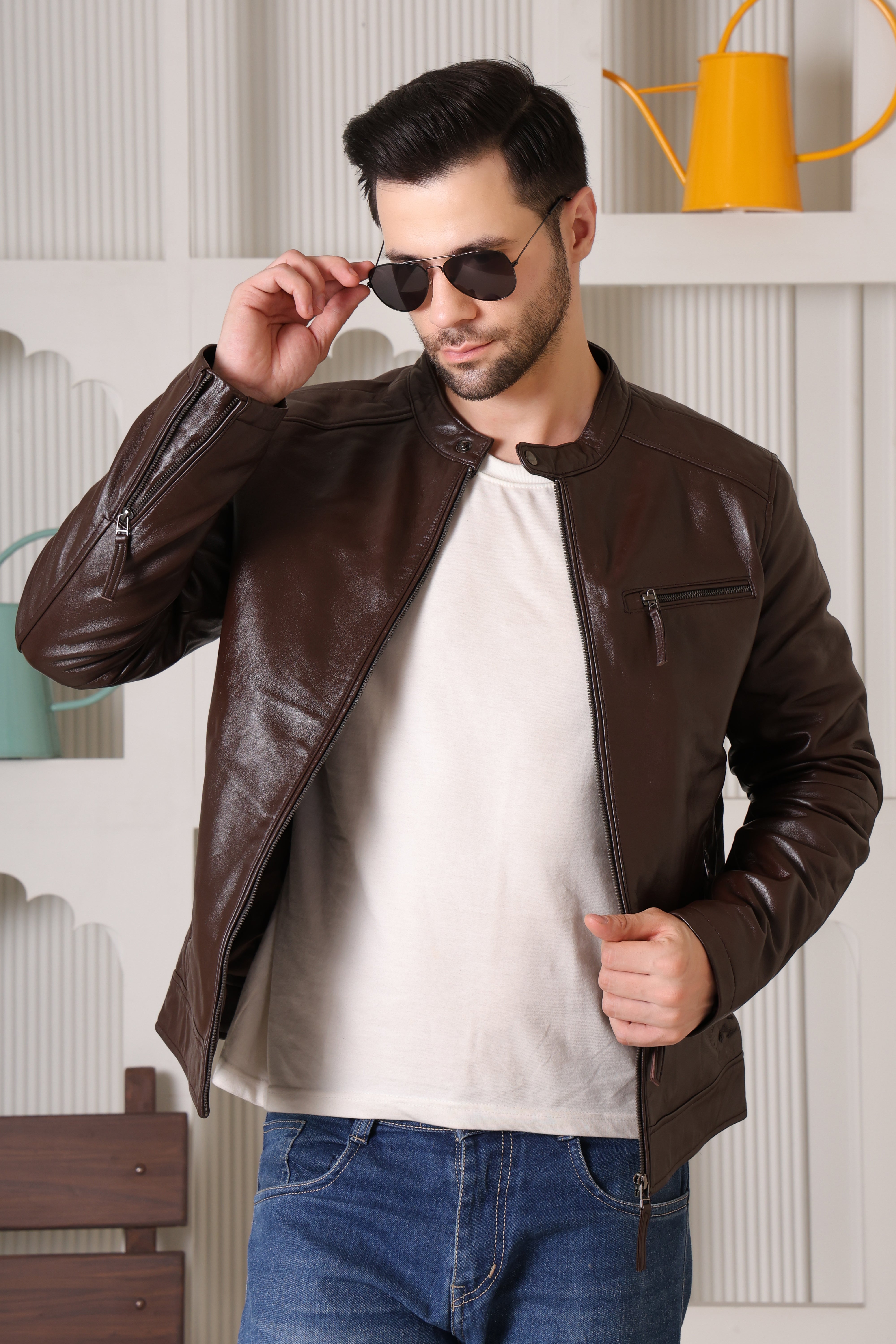 Cool Equal Men’s Pure Leather Biker Jacket – Classic Brown, Stylish & Durable