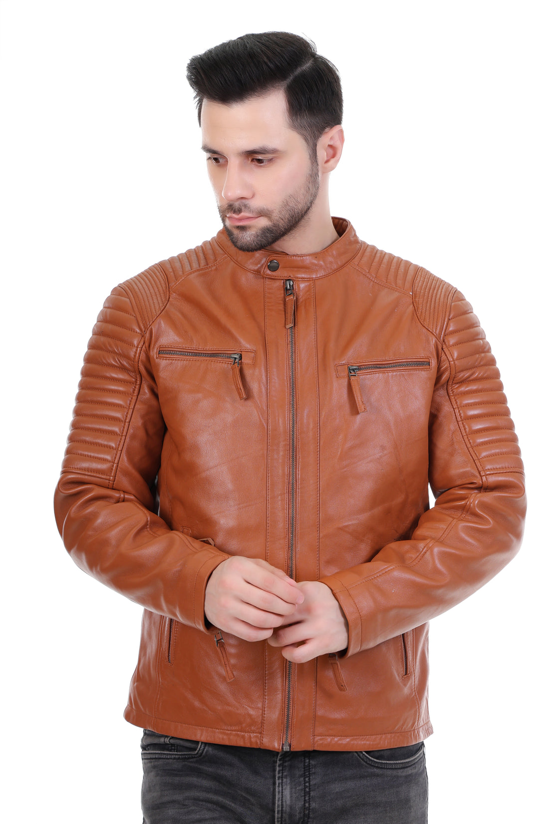 Cool Equal Men's Tan Pure Leather Biker Jacket – Stylish Quilted Shoulder Design