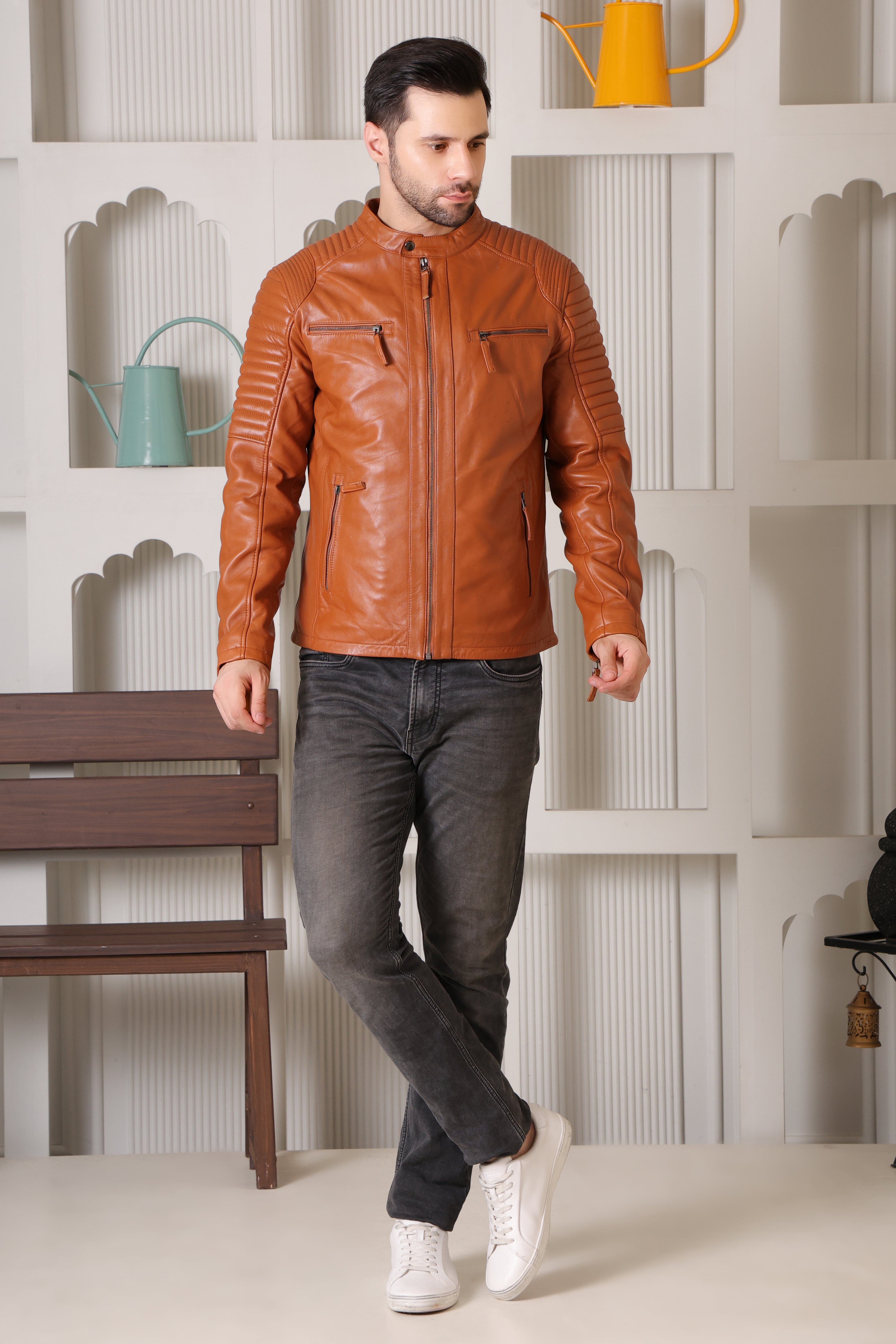 Cool Equal Men's Tan Pure Leather Biker Jacket – Stylish Quilted Shoulder Design